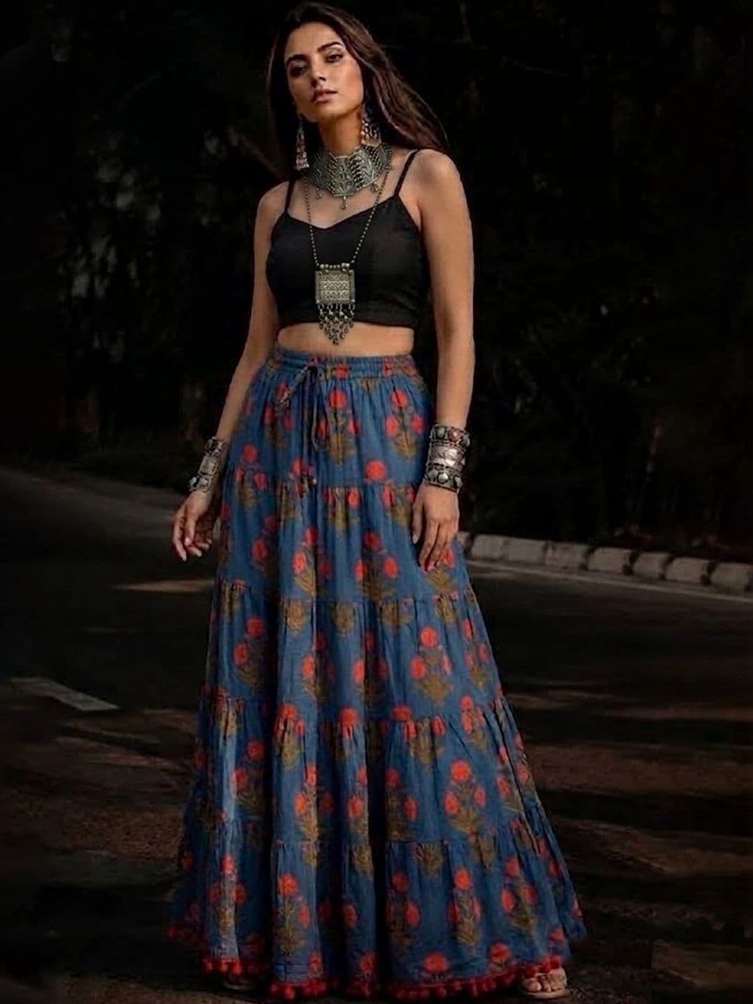 Varanga Women Floral Bohemian Maxi Tiered Skirt thumbnail 5
