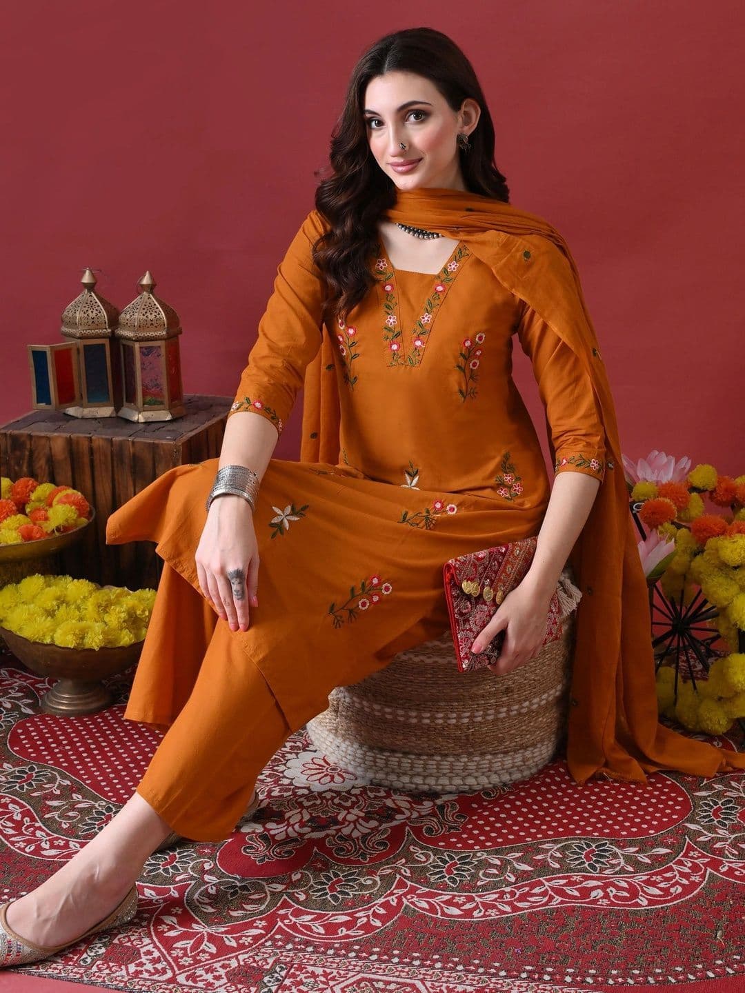 Anouk Women Floral Embroidered Regular Thread Work Pure Cotton Kurta with Palazzos & With Dupatta - view 1