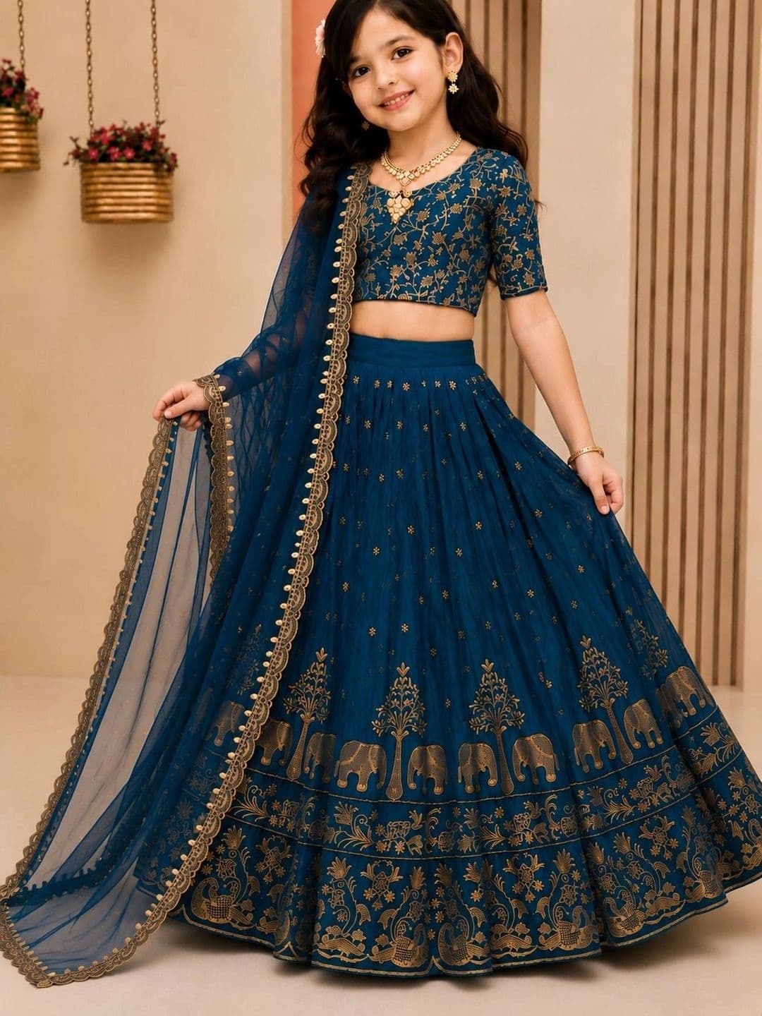 DEVANGI VASTRA Girls Embroidered Thread Work Ready to Wear Lehenga & Unstitched Blouse With Dupatta thumbnail 5