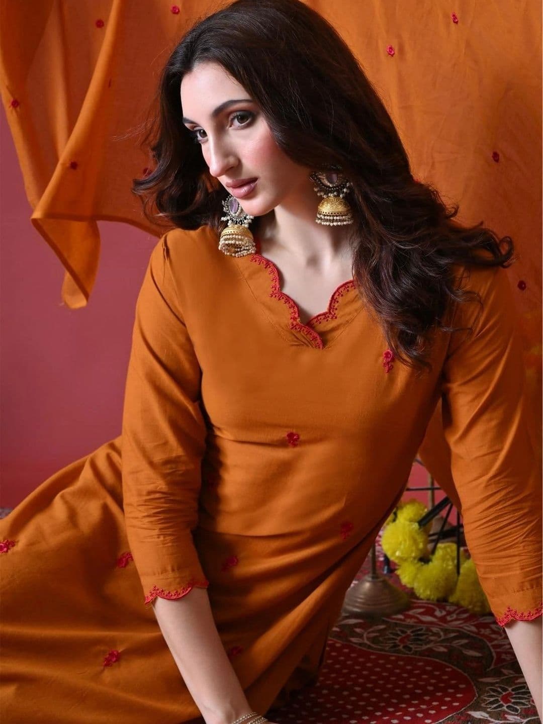 Anouk Women Ethnic Motifs Embroidered Regular Thread Work Pure Cotton Kurta with Trousers & With Dupatta thumbnail 7