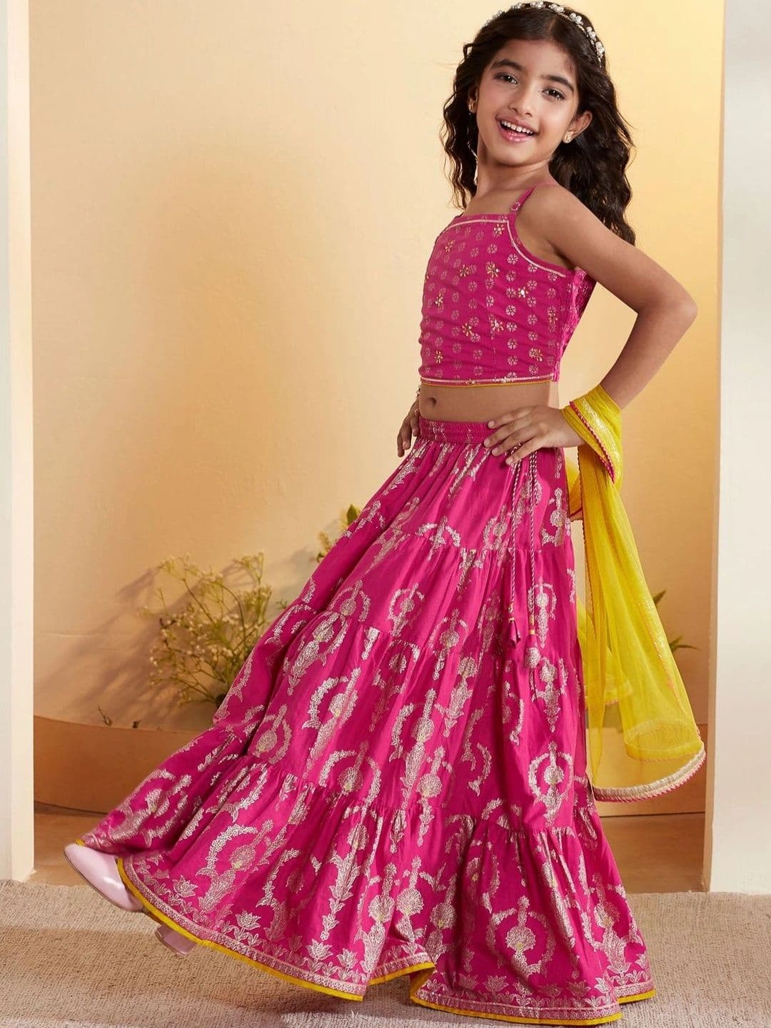 Biba Girls Printed Foil Print Ready to Wear Lehenga & Blouse With Dupatta thumbnail 3