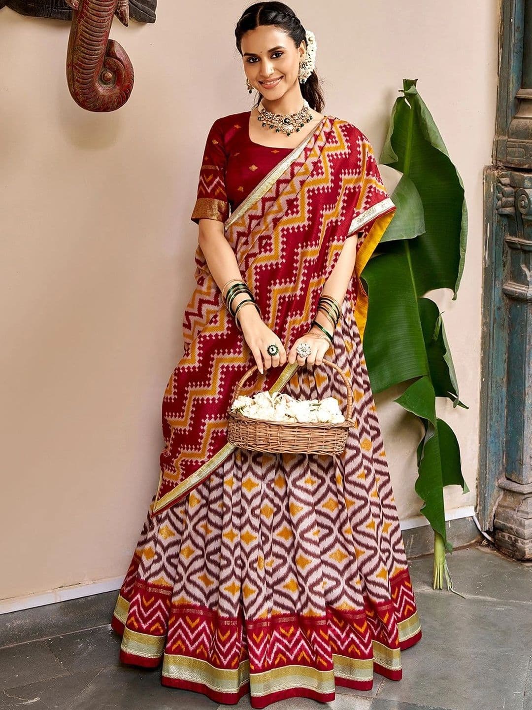 LOOKNBOOK ART Printed Ikat Ready to Wear Lehenga & Unstitched Blouse With Dupatta - view 1