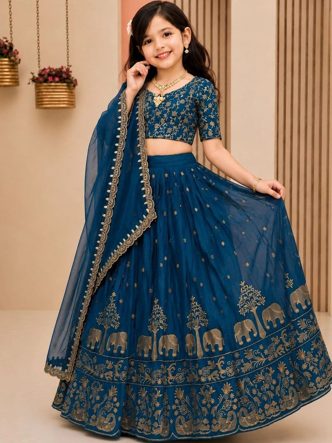 DEVANGI VASTRA Girls Embroidered Thread Work Ready to Wear Lehenga & Unstitched Blouse With Dupatta thumbnail 4