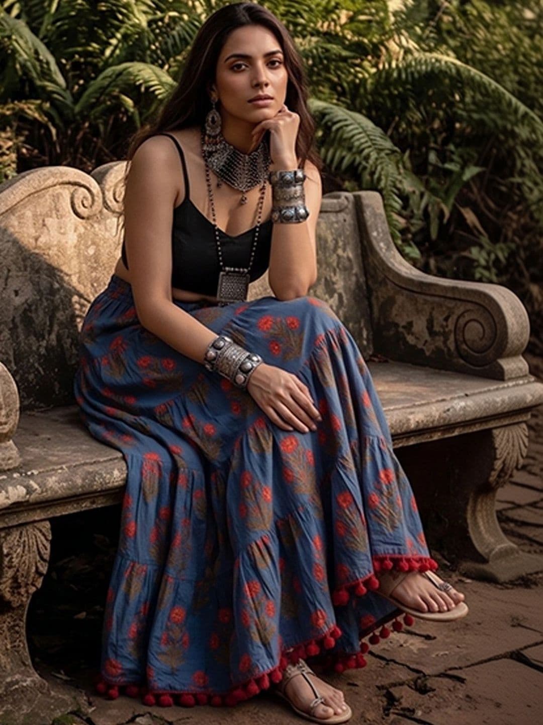 Varanga Women Floral Bohemian Maxi Tiered Skirt thumbnail 6
