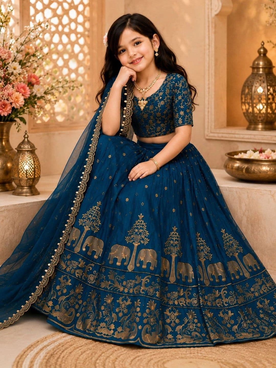 DEVANGI VASTRA Girls Embroidered Thread Work Ready to Wear Lehenga & Unstitched Blouse With Dupatta thumbnail 6