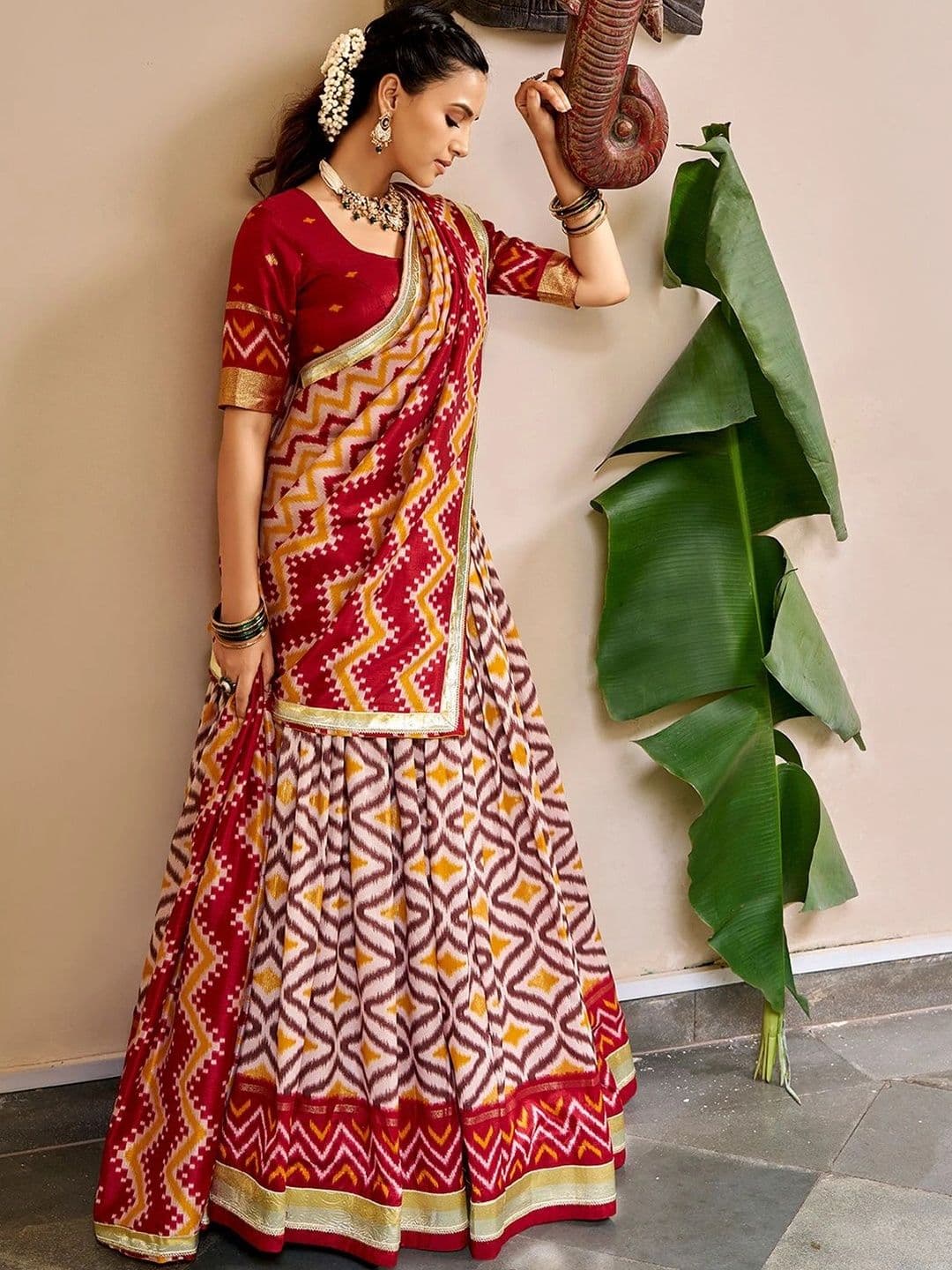 LOOKNBOOK ART Printed Ikat Ready to Wear Lehenga & Unstitched Blouse With Dupatta thumbnail 4