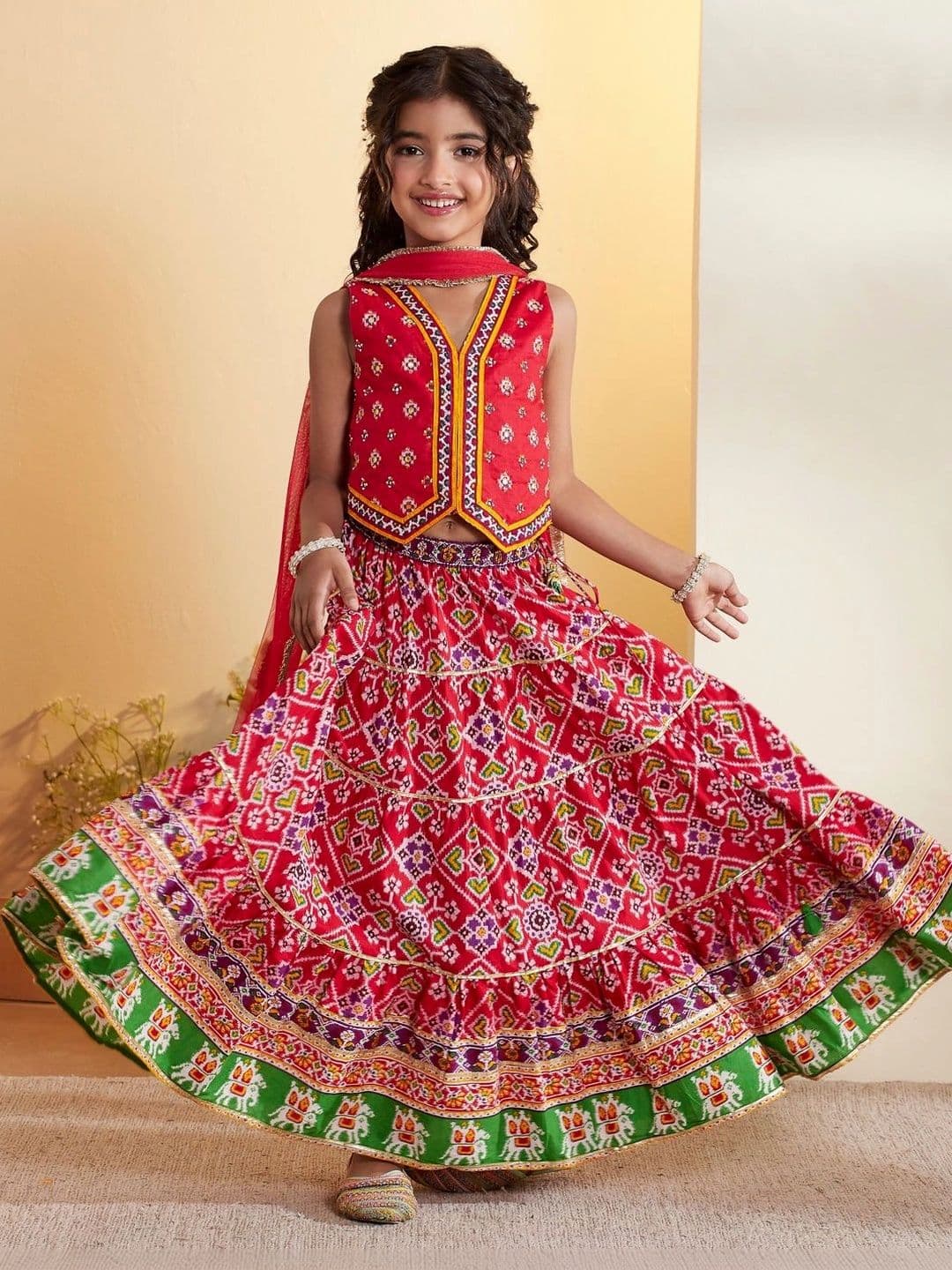 Biba Girls Printed Thread Work Ikat Ready to Wear Lehenga & Blouse With Dupatta - view 1