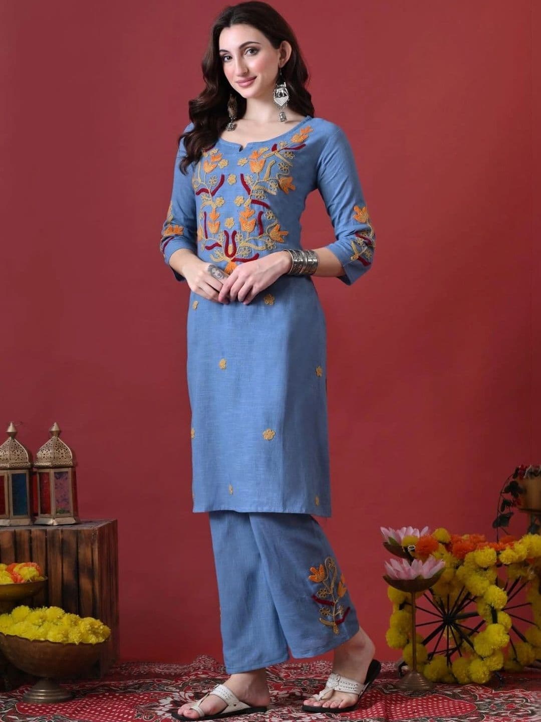 Anouk Women Ethnic Motifs Embroidered Regular Thread Work Pure Cotton Kurta with Palazzos thumbnail 6