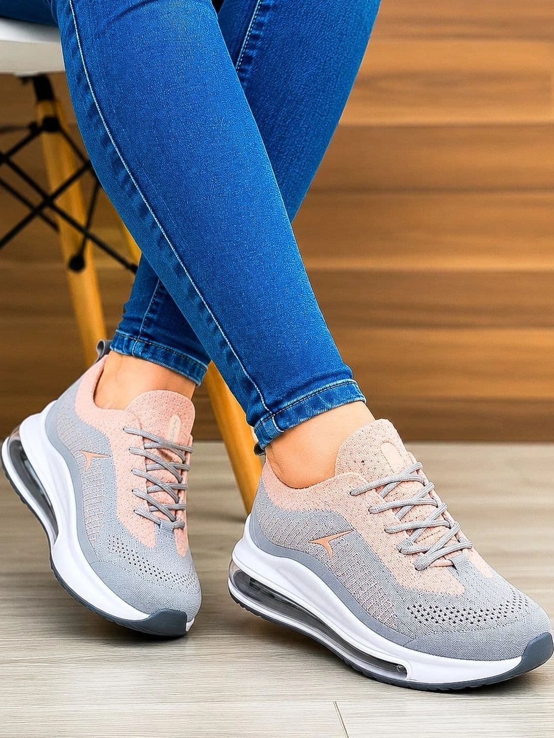 TRACER Women Grey & Peach Lace-Up Running Shoes with Air Cushion Midsole thumbnail 6