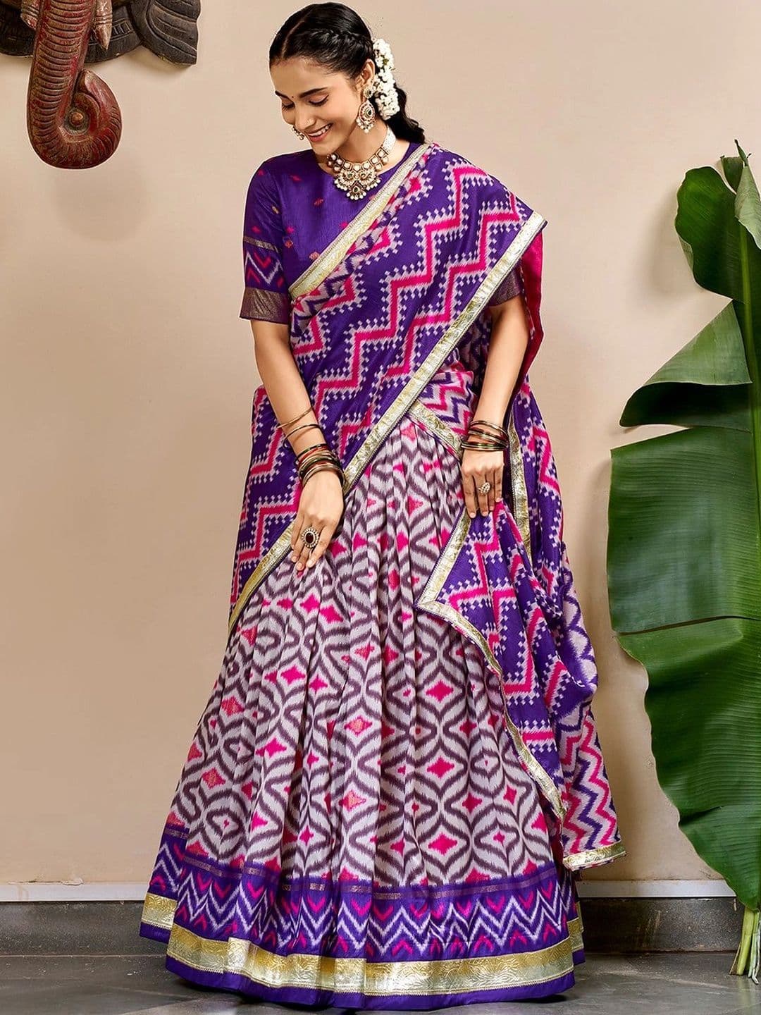 LOOKNBOOK ART Printed Ikat Ready to Wear Lehenga & Unstitched Blouse With Dupatta - view 1