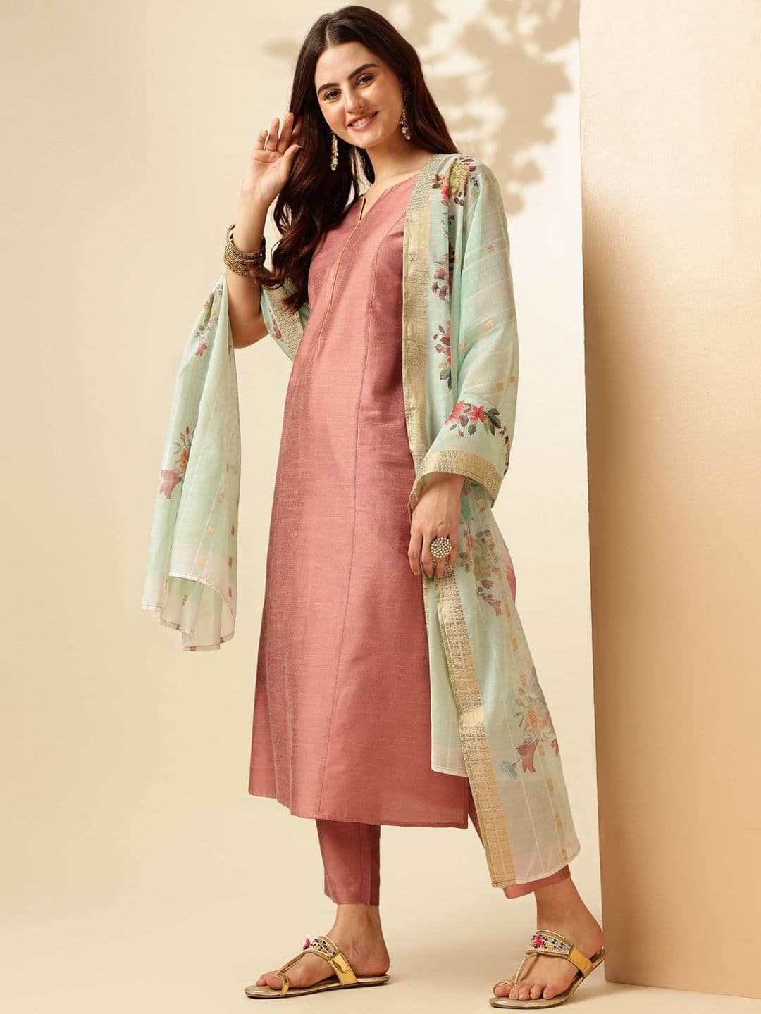 Anouk Panelled Straight Kurta with Trousers & Dupatta thumbnail 3
