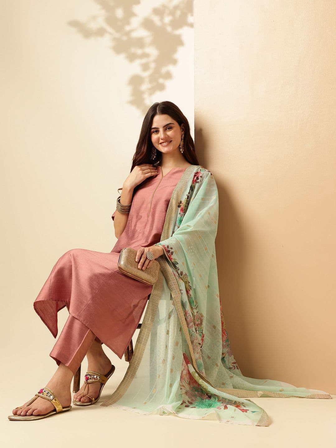 Anouk Panelled Straight Kurta with Trousers & Dupatta thumbnail 2