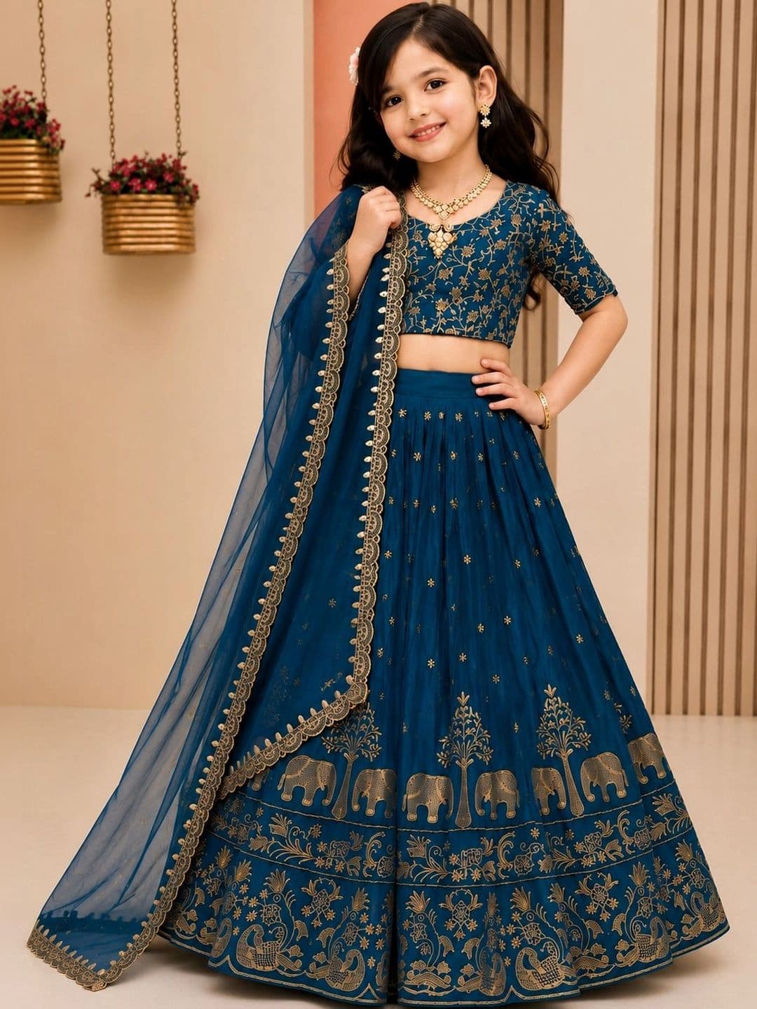 DEVANGI VASTRA Girls Embroidered Thread Work Ready to Wear Lehenga & Unstitched Blouse With Dupatta thumbnail 3