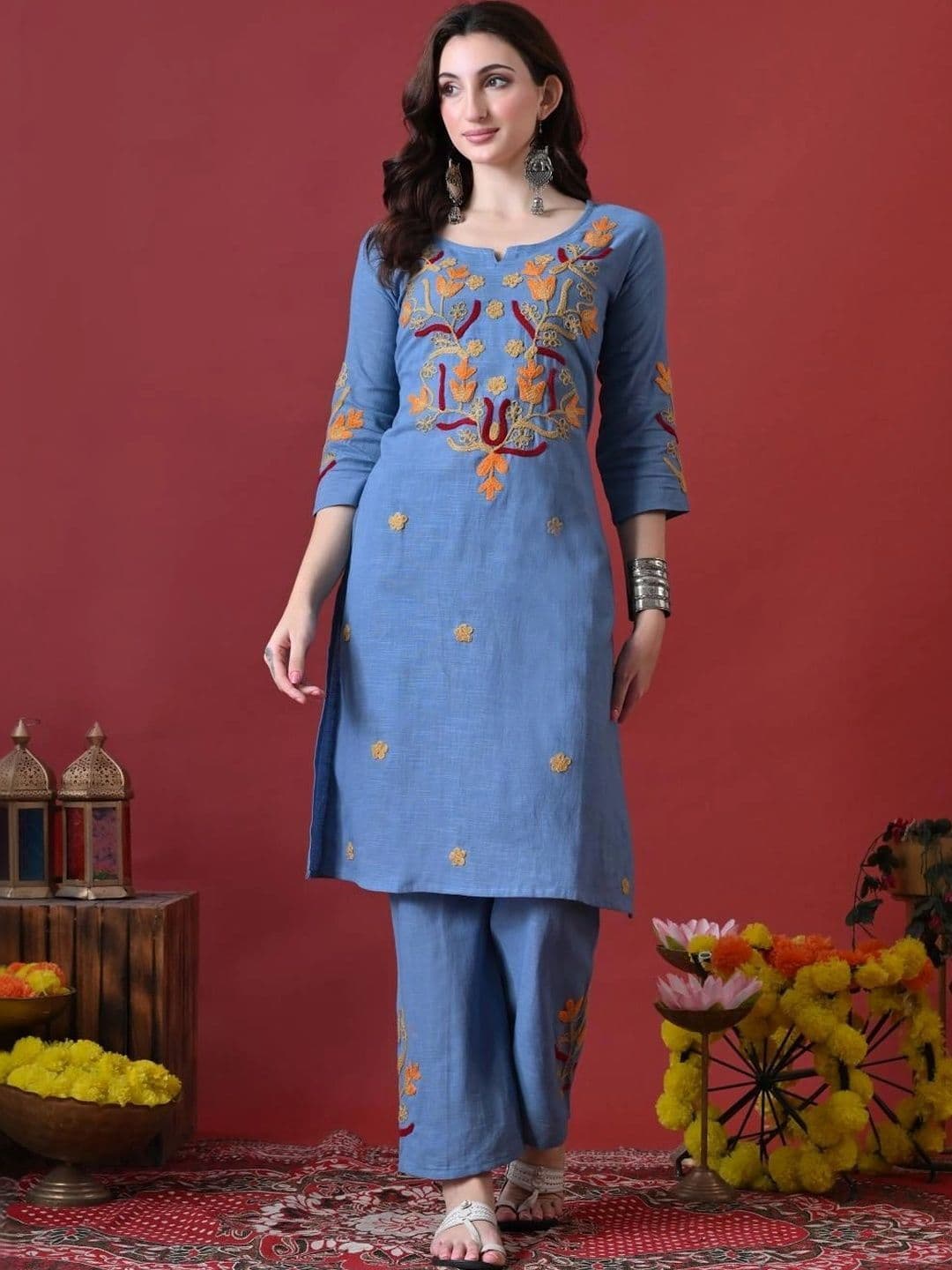 Anouk Women Ethnic Motifs Embroidered Regular Thread Work Pure Cotton Kurta with Palazzos thumbnail 5