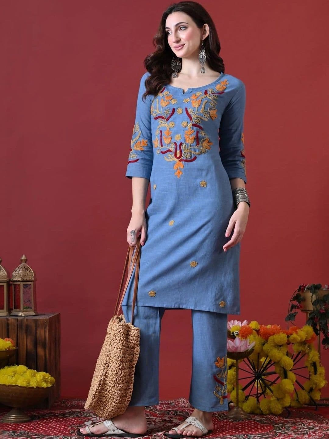 Anouk Women Ethnic Motifs Embroidered Regular Thread Work Pure Cotton Kurta with Palazzos - view 1