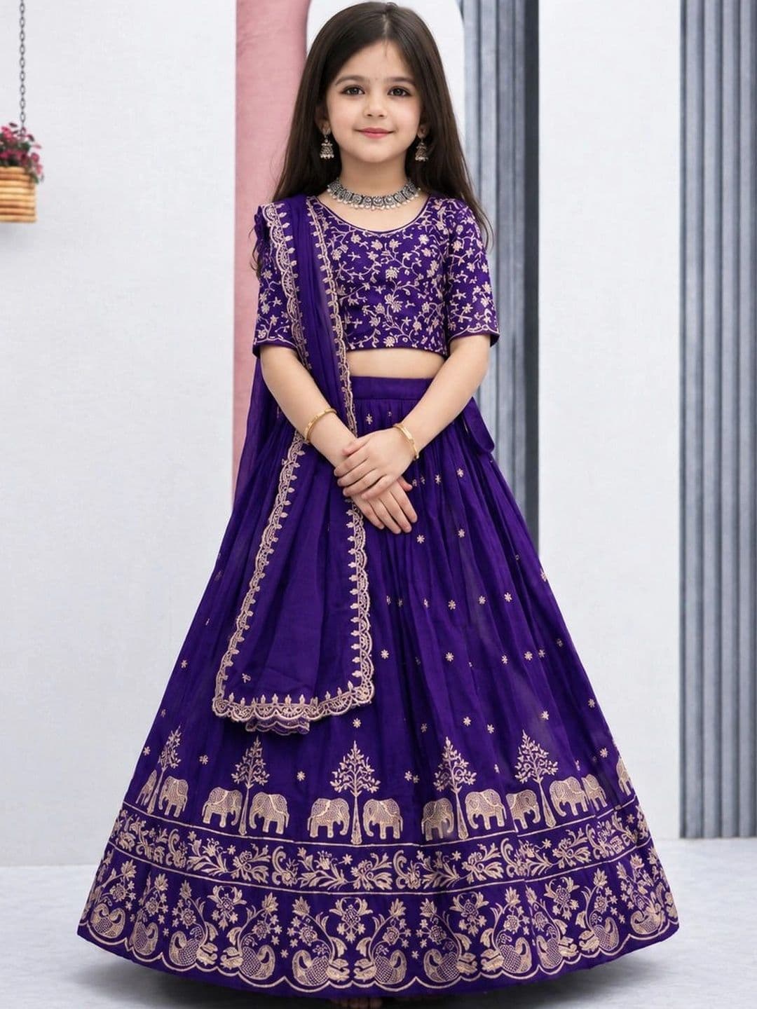 DEVANGI VASTRA Girls Embroidered Thread Work Ready to Wear Lehenga & Unstitched Blouse With Dupatta - view 1