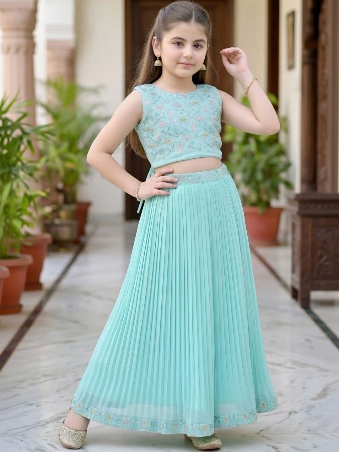 KALINI Girls Embroidered Beads and Stones Ready to Wear Lehenga & - view 1