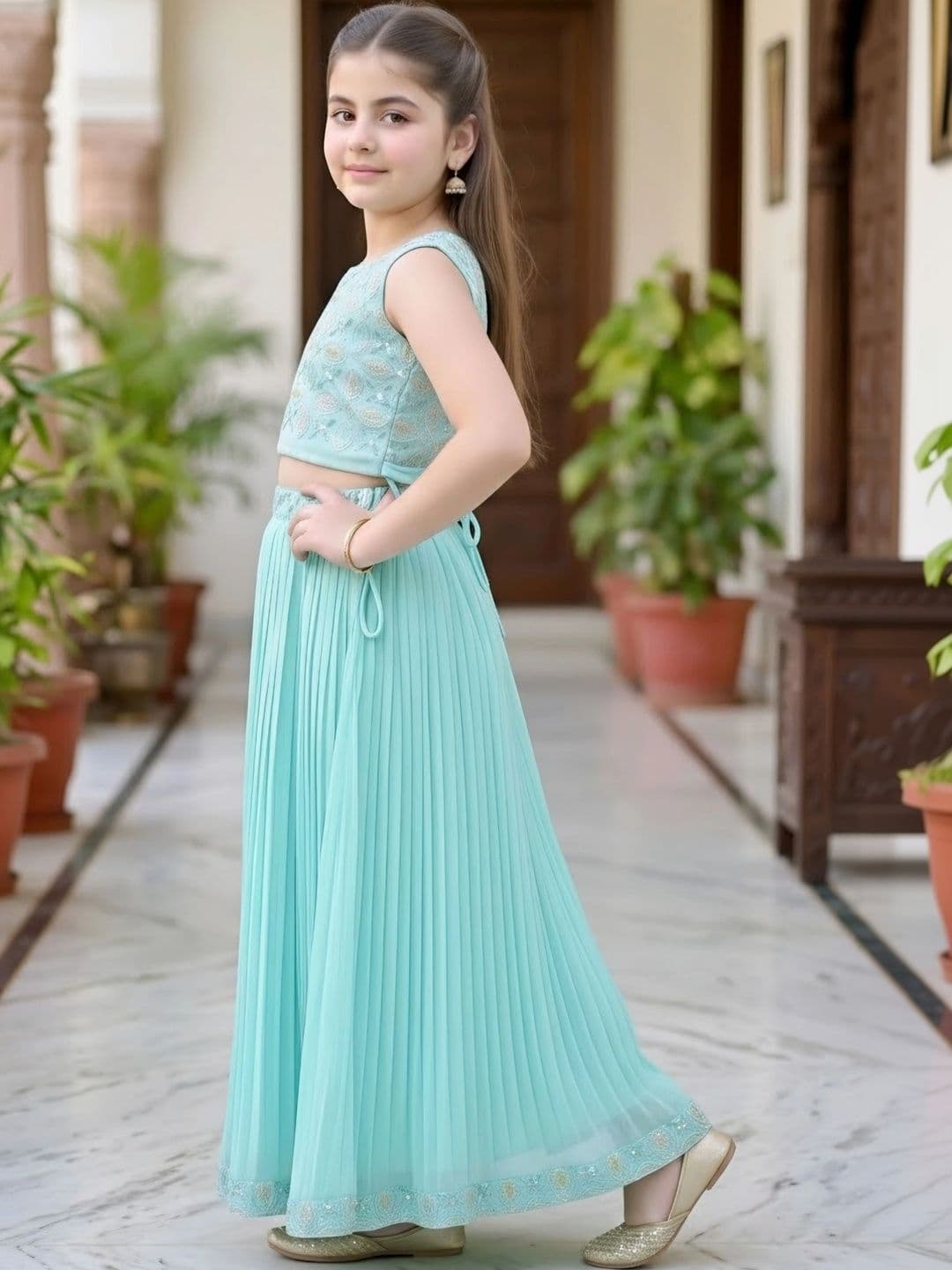 KALINI Girls Embroidered Beads and Stones Ready to Wear Lehenga & thumbnail 2