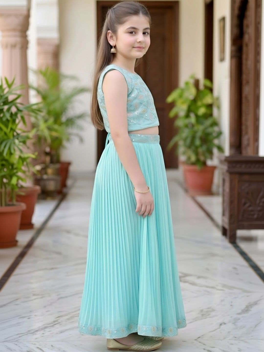 KALINI Girls Embroidered Beads and Stones Ready to Wear Lehenga & thumbnail 3