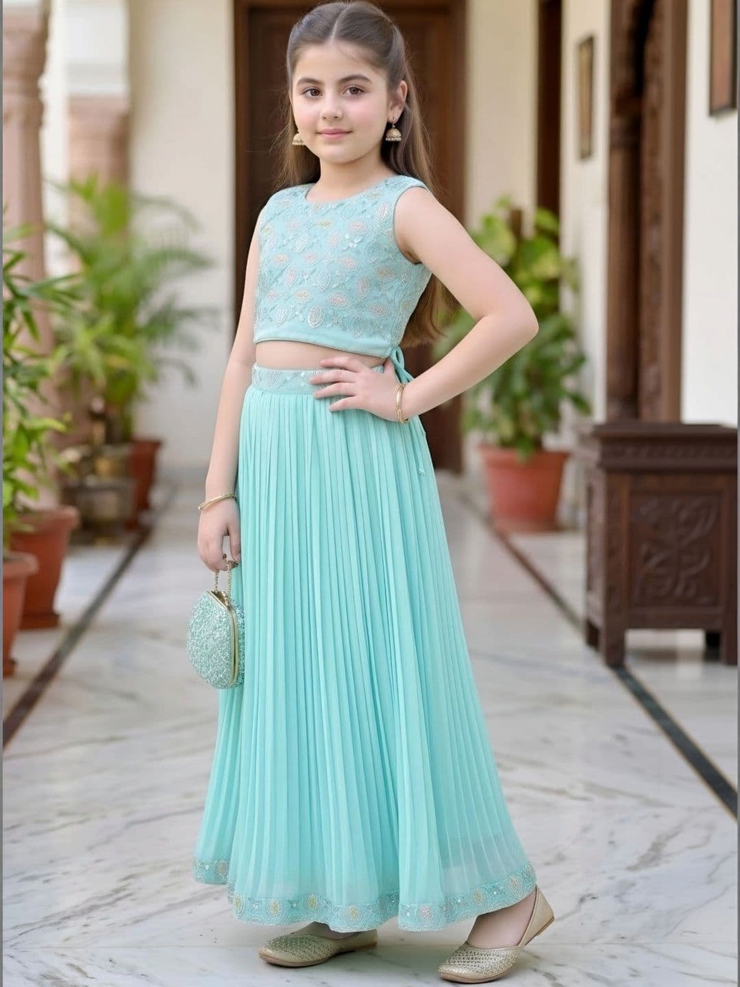 KALINI Girls Embroidered Beads and Stones Ready to Wear Lehenga & thumbnail 5