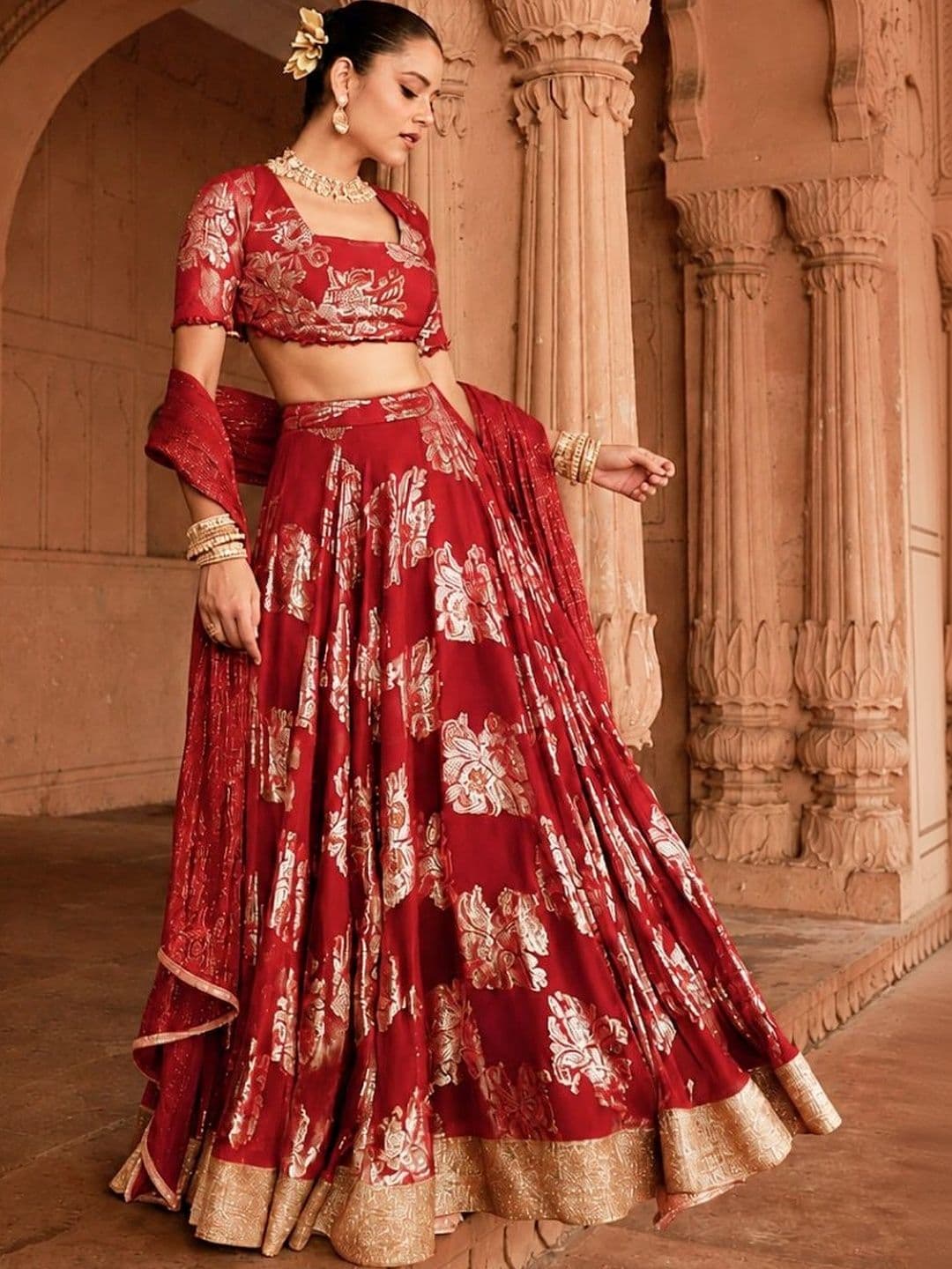 SILCHIC Embellished Foil Print Ready to Wear Lehenga & Blouse With Dupatta - view 1
