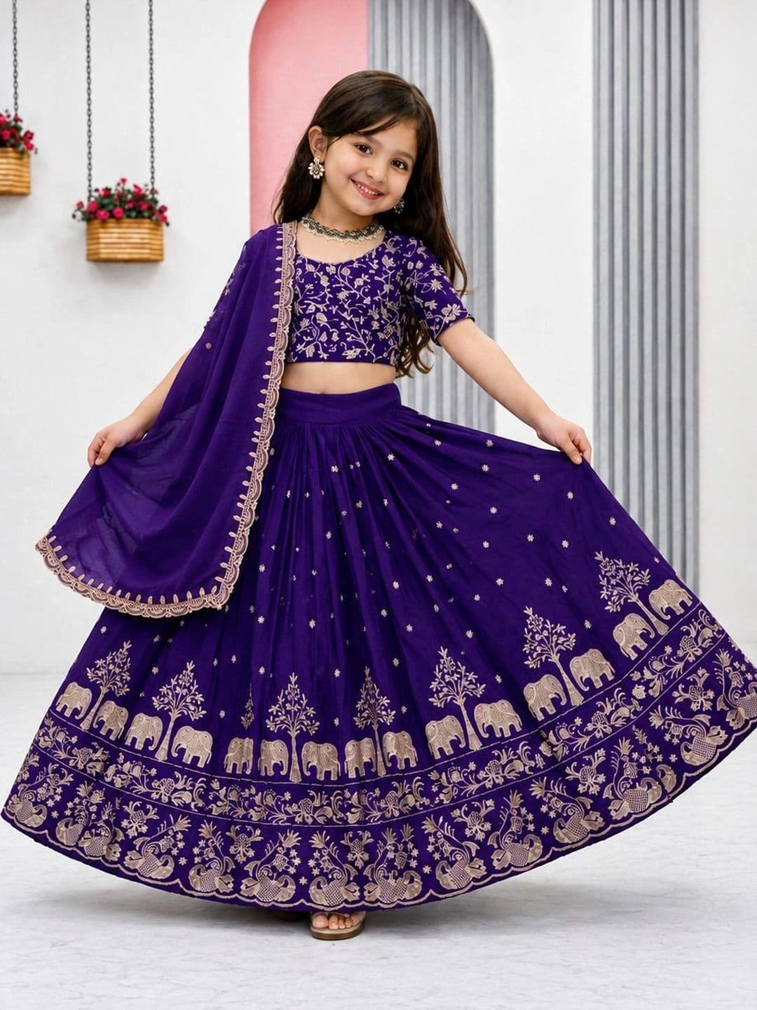DEVANGI VASTRA Girls Embroidered Thread Work Ready to Wear Lehenga & Unstitched Blouse With Dupatta thumbnail 4