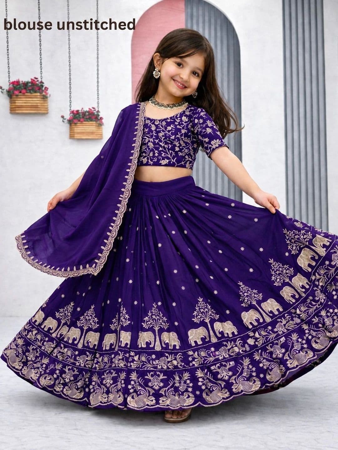 DEVANGI VASTRA Girls Embroidered Thread Work Ready to Wear Lehenga & Unstitched Blouse With Dupatta thumbnail 3