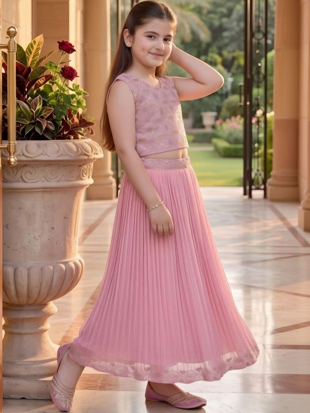 KALINI Girls Embroidered Beads and Stones Ready to Wear Lehenga & thumbnail 3