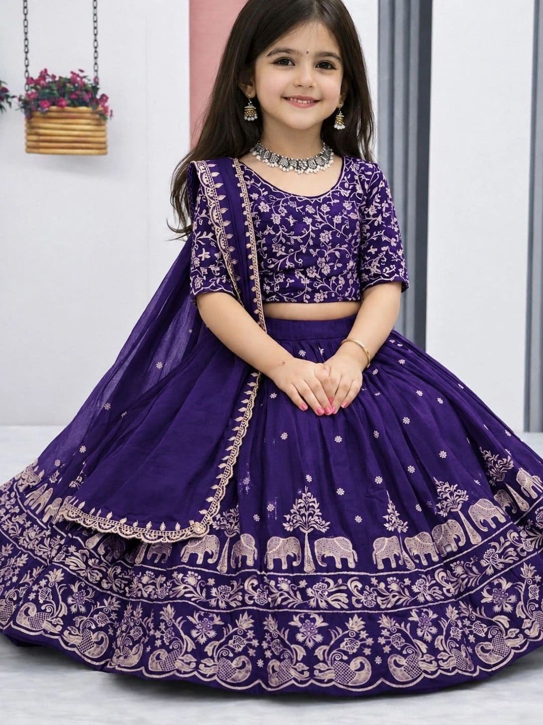 DEVANGI VASTRA Girls Embroidered Thread Work Ready to Wear Lehenga & Unstitched Blouse With Dupatta thumbnail 2