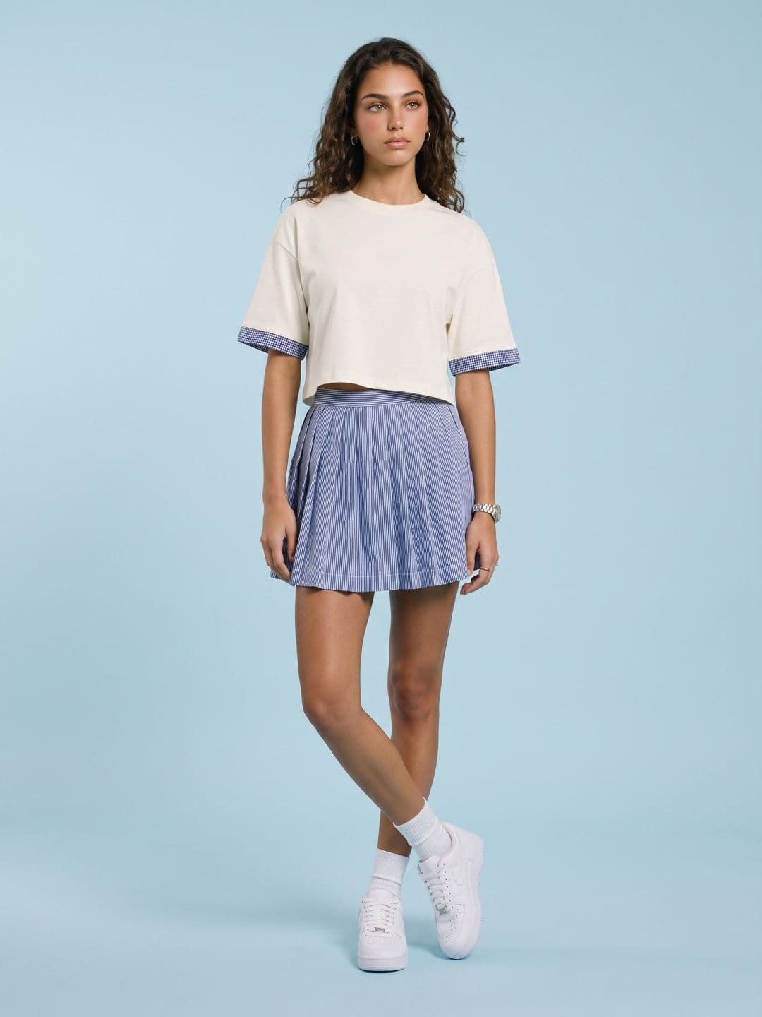 SPORT STREET by glitchez Women Pure Cotton Relaxed Pleated Striped Mini A-Line Skirt thumbnail 3