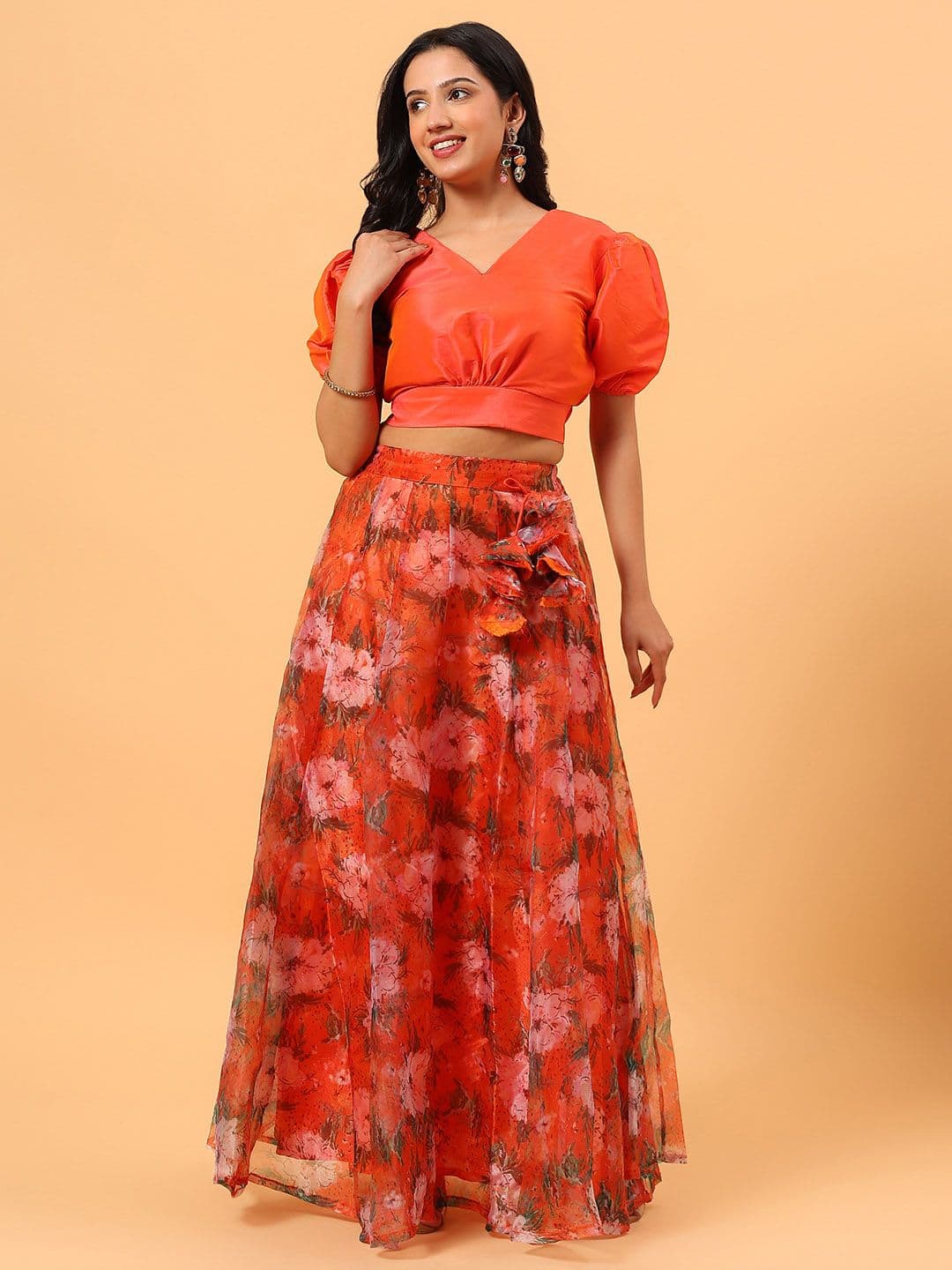 Frolic Rolic Silk V Neck Blouse & Floral Print Organza Maxi Skirt Set - view 1