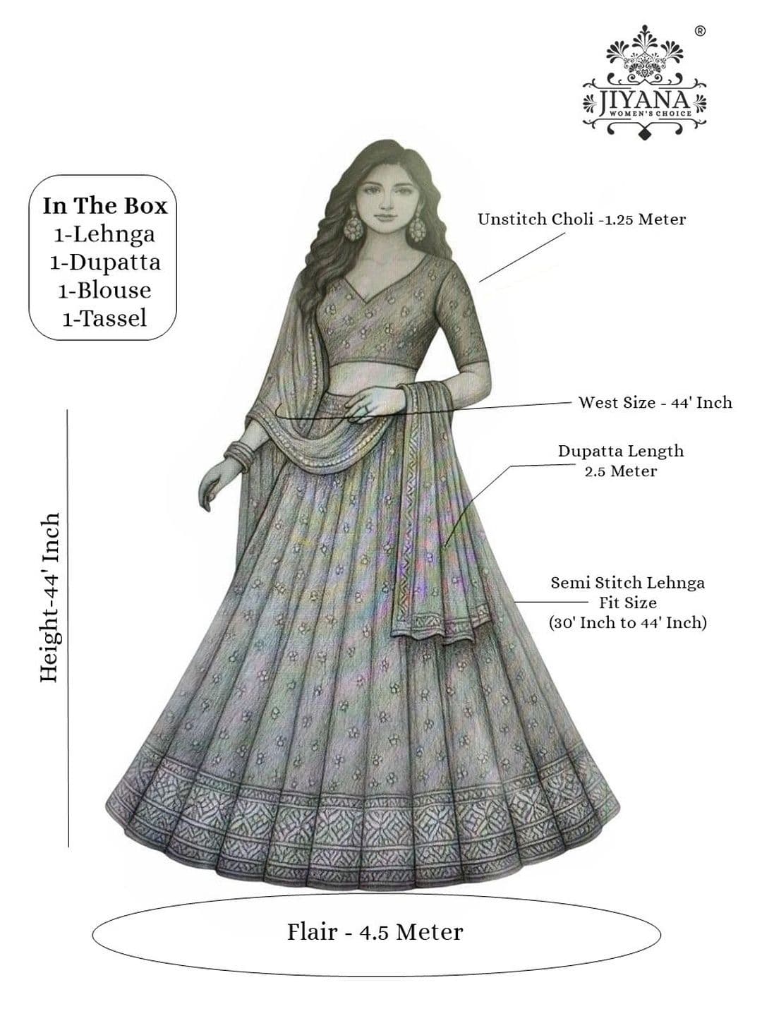 JIYANA WOMENS CHOICE Embroidered Sequinned Semi-Stitched Lehenga & Unstitched Blouse With Dupatta thumbnail 2