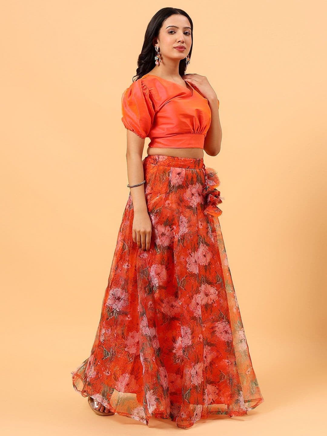 Frolic Rolic Silk V Neck Blouse & Floral Print Organza Maxi Skirt Set thumbnail 2