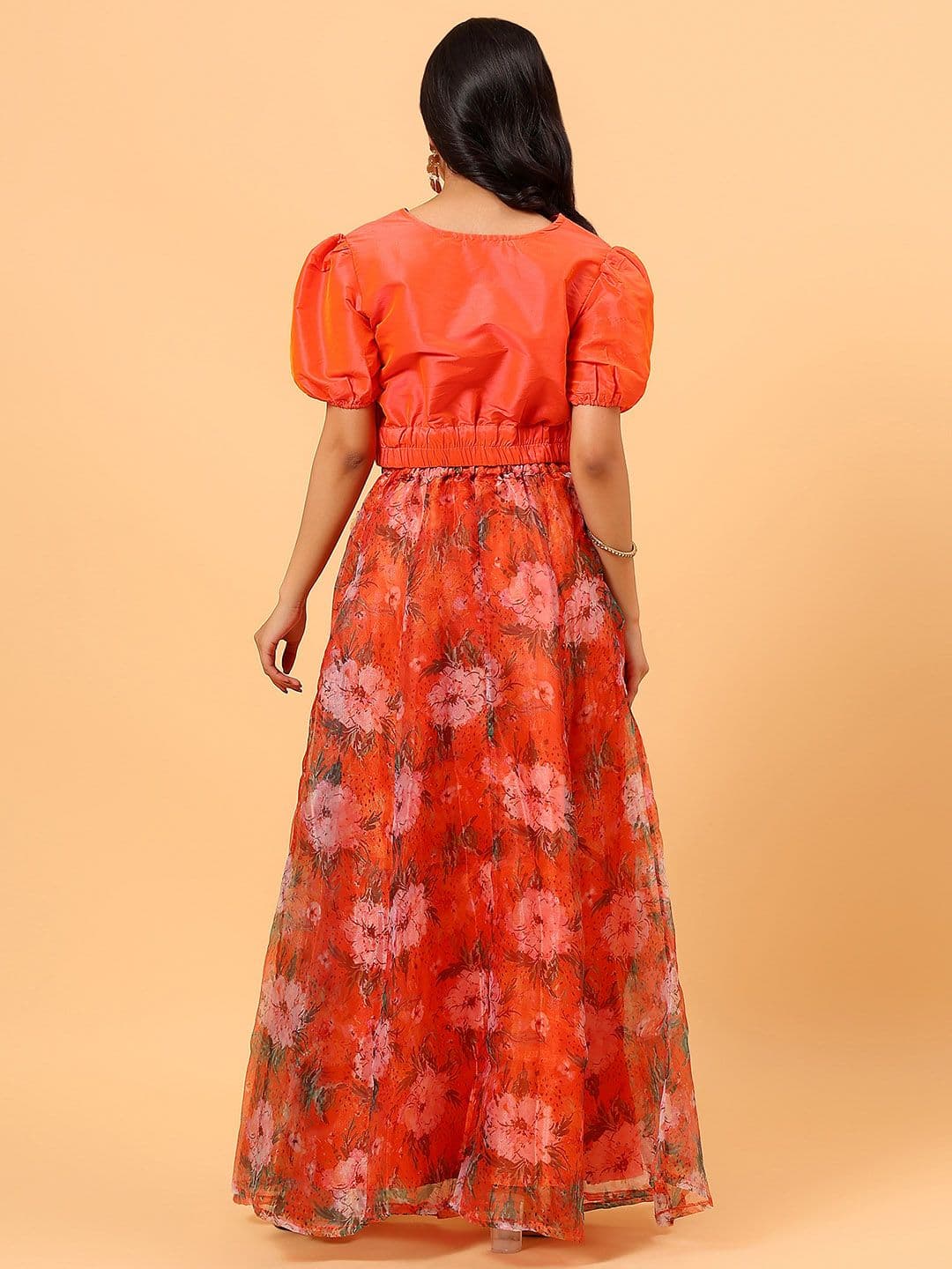 Frolic Rolic Silk V Neck Blouse & Floral Print Organza Maxi Skirt Set thumbnail 3