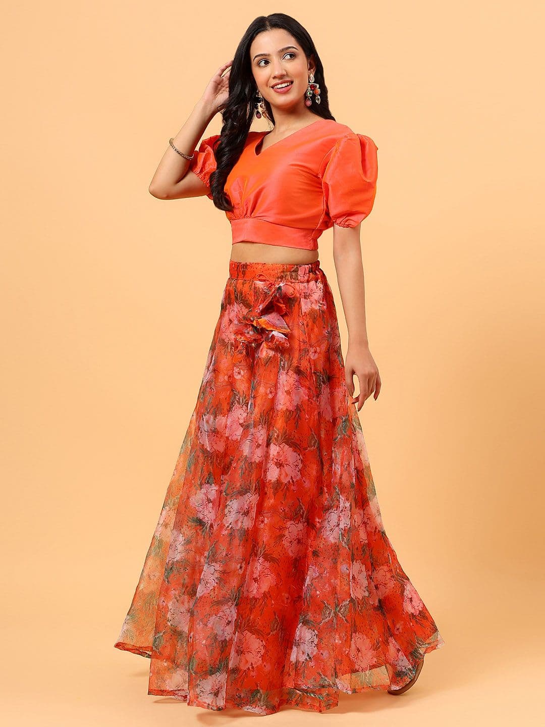 Frolic Rolic Silk V Neck Blouse & Floral Print Organza Maxi Skirt Set thumbnail 5