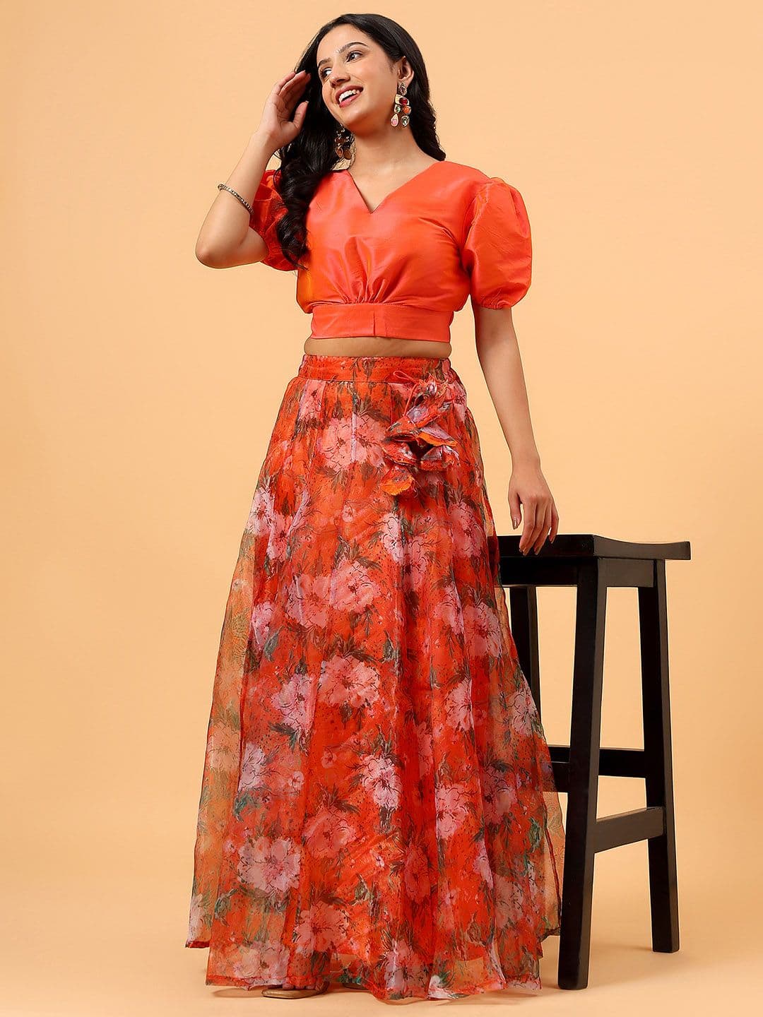 Frolic Rolic Silk V Neck Blouse & Floral Print Organza Maxi Skirt Set thumbnail 6