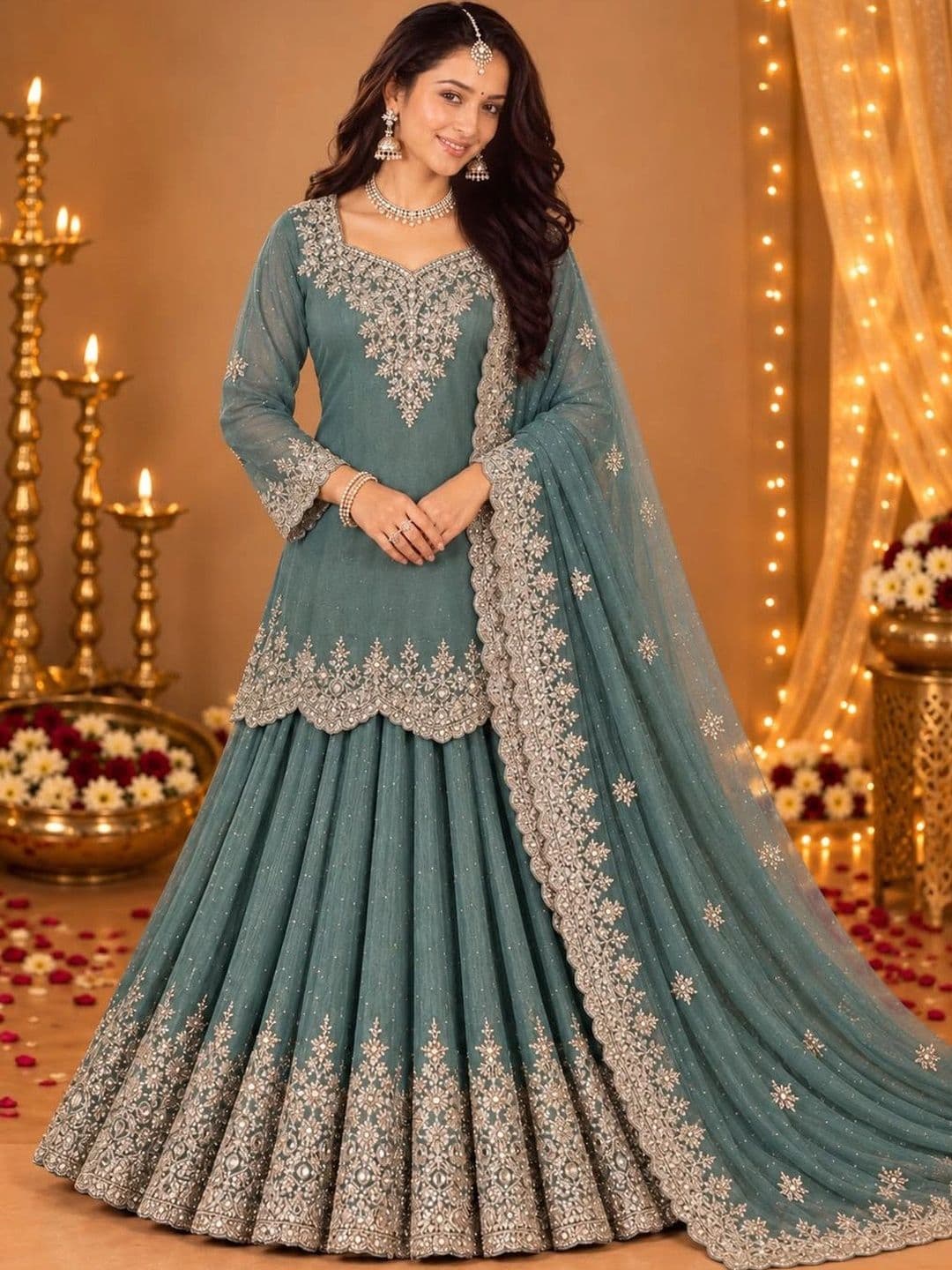 House of Pataudi Embellished Beads and Stones Ready to Wear Lehenga & Blouse With Dupatta - view 1