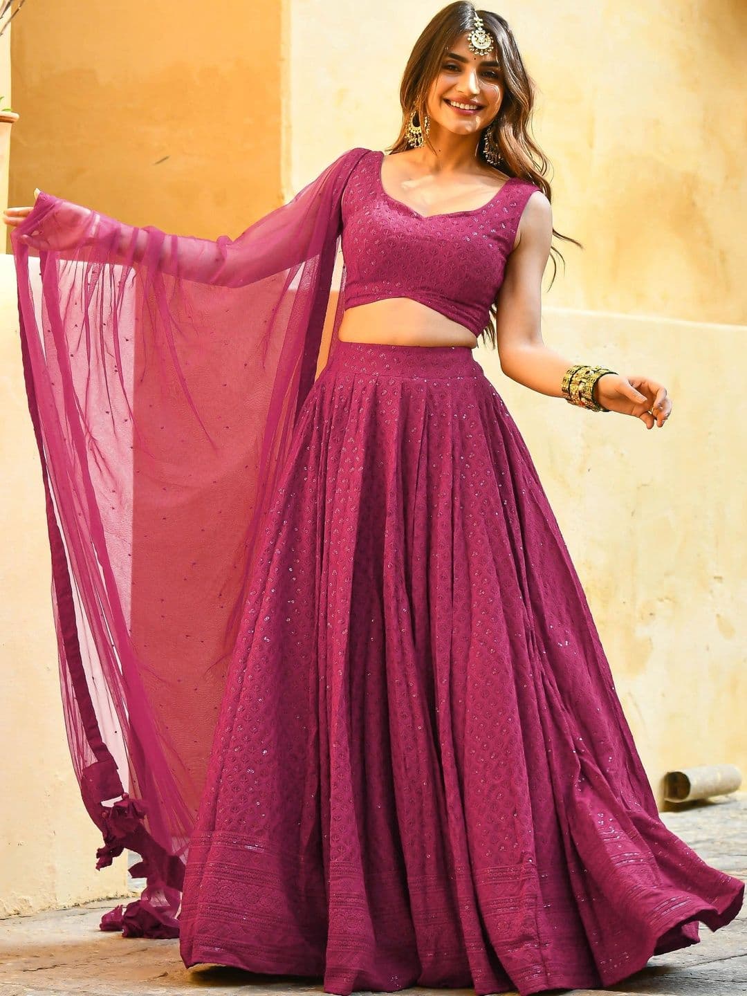 ETHNIC PLUS Embellished Sequinned Semi-Stitched Lehenga & Unstitched Blouse With Dupatta thumbnail 4