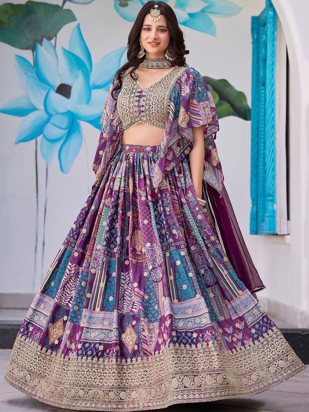 ETHNIC PLUS Embellished Thread Work Semi-Stitched Lehenga & Unstitched Blouse With Dupatta thumbnail 7