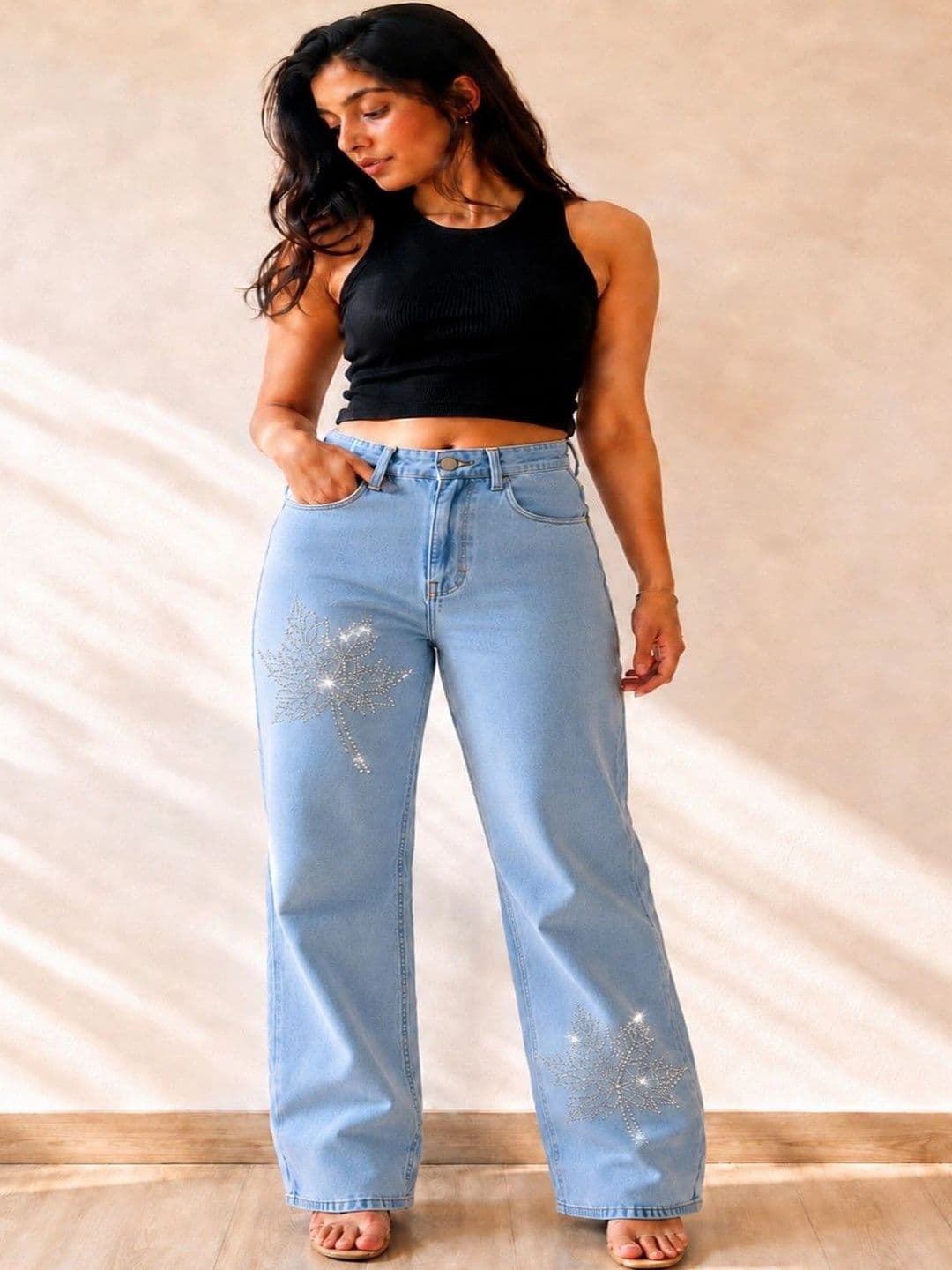 DS CREATIVE Women Wide Leg Mid-Rise Light Fade Embellished Stretchable Jeans - view 1