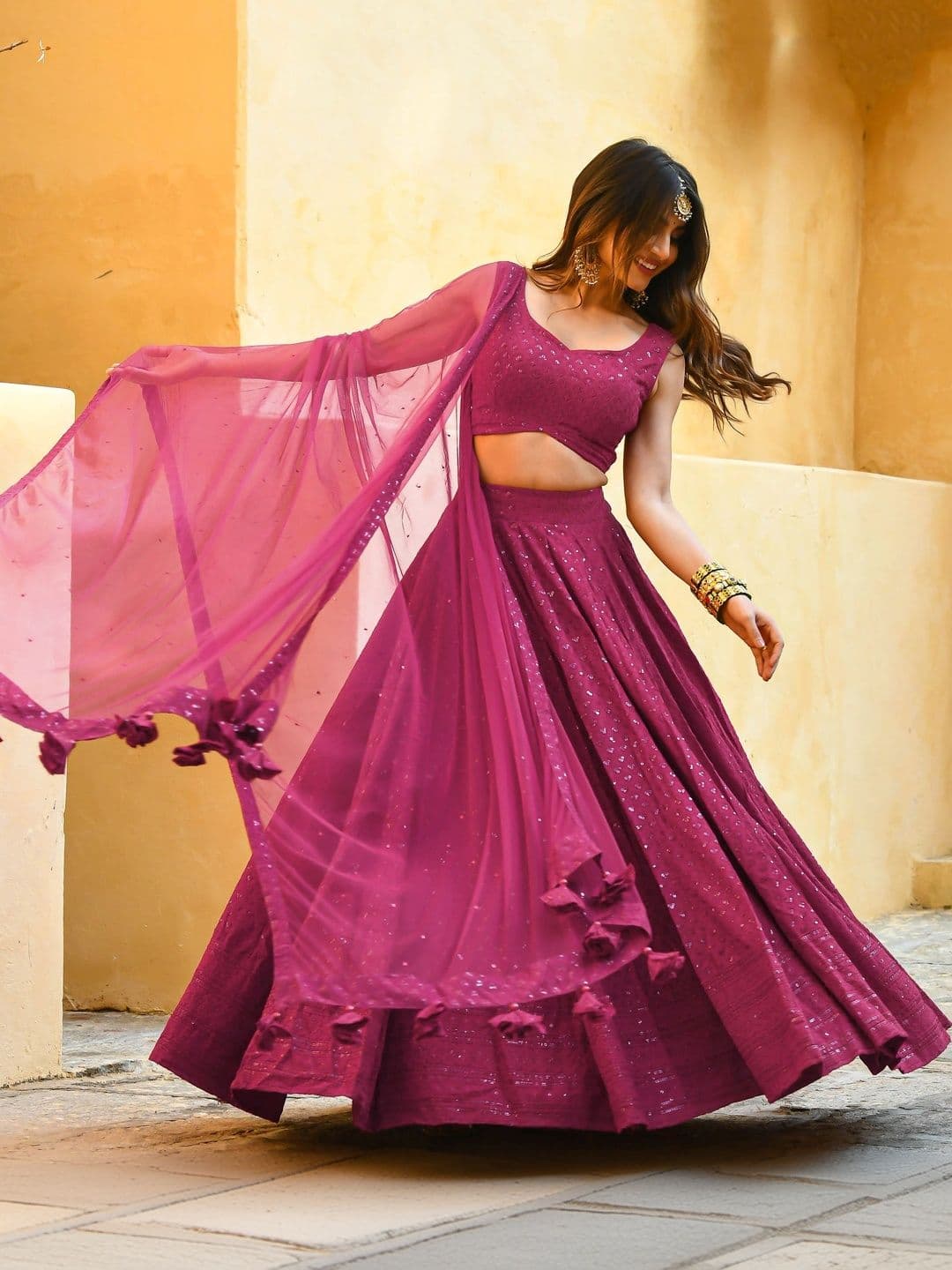 ETHNIC PLUS Embellished Sequinned Semi-Stitched Lehenga & Unstitched Blouse With Dupatta thumbnail 2