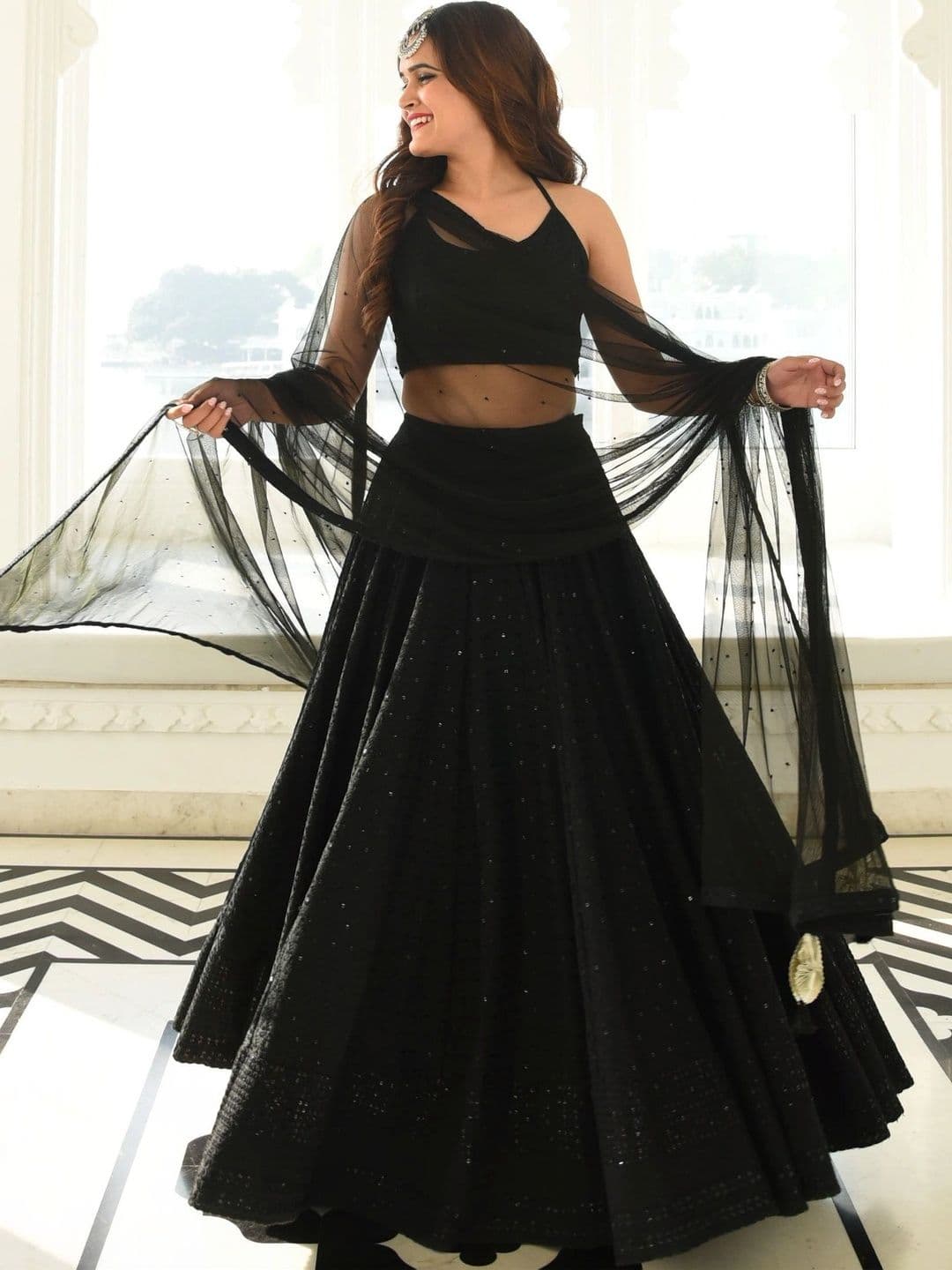 ETHNIC PLUS Embellished Sequinned Semi-Stitched Lehenga & Unstitched Blouse With Dupatta - view 1