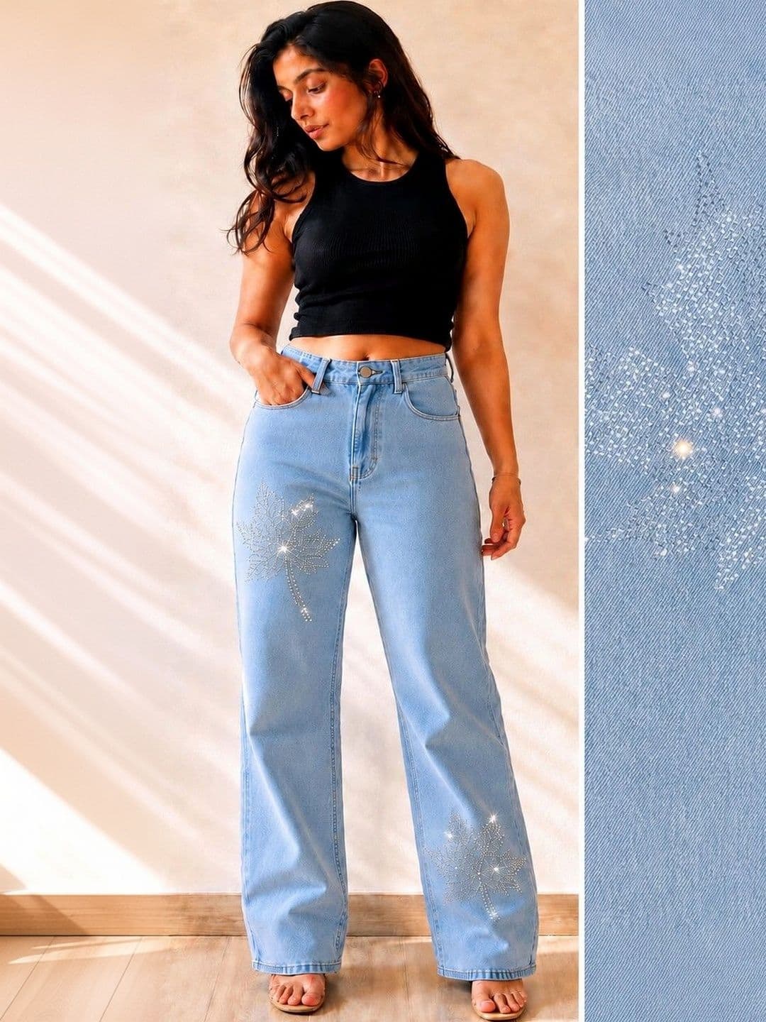 DS CREATIVE Women Wide Leg Mid-Rise Embellished Jeans thumbnail 3