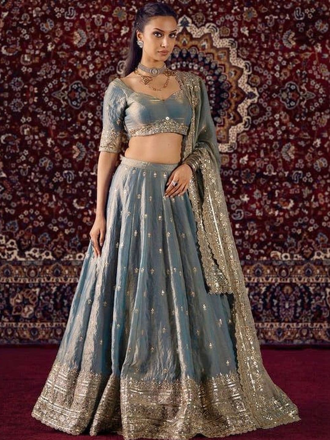 JIHU CULTURE Embroidered Sequinned Semi-Stitched Lehenga & Unstitched Blouse With Dupatta thumbnail 2