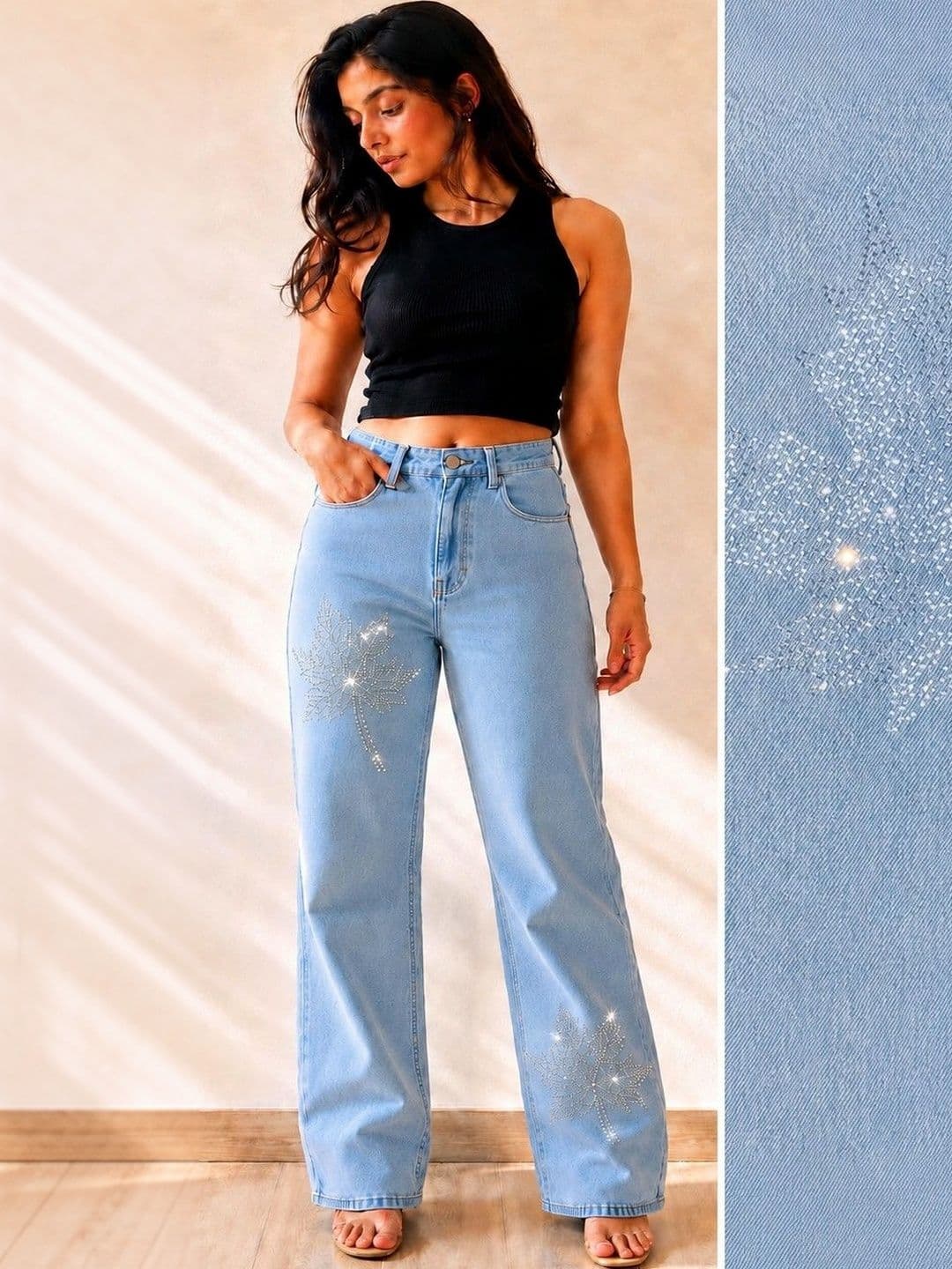 DS CREATIVE Women Wide Leg Mid-Rise Light Fade Embellished Stretchable Jeans thumbnail 4