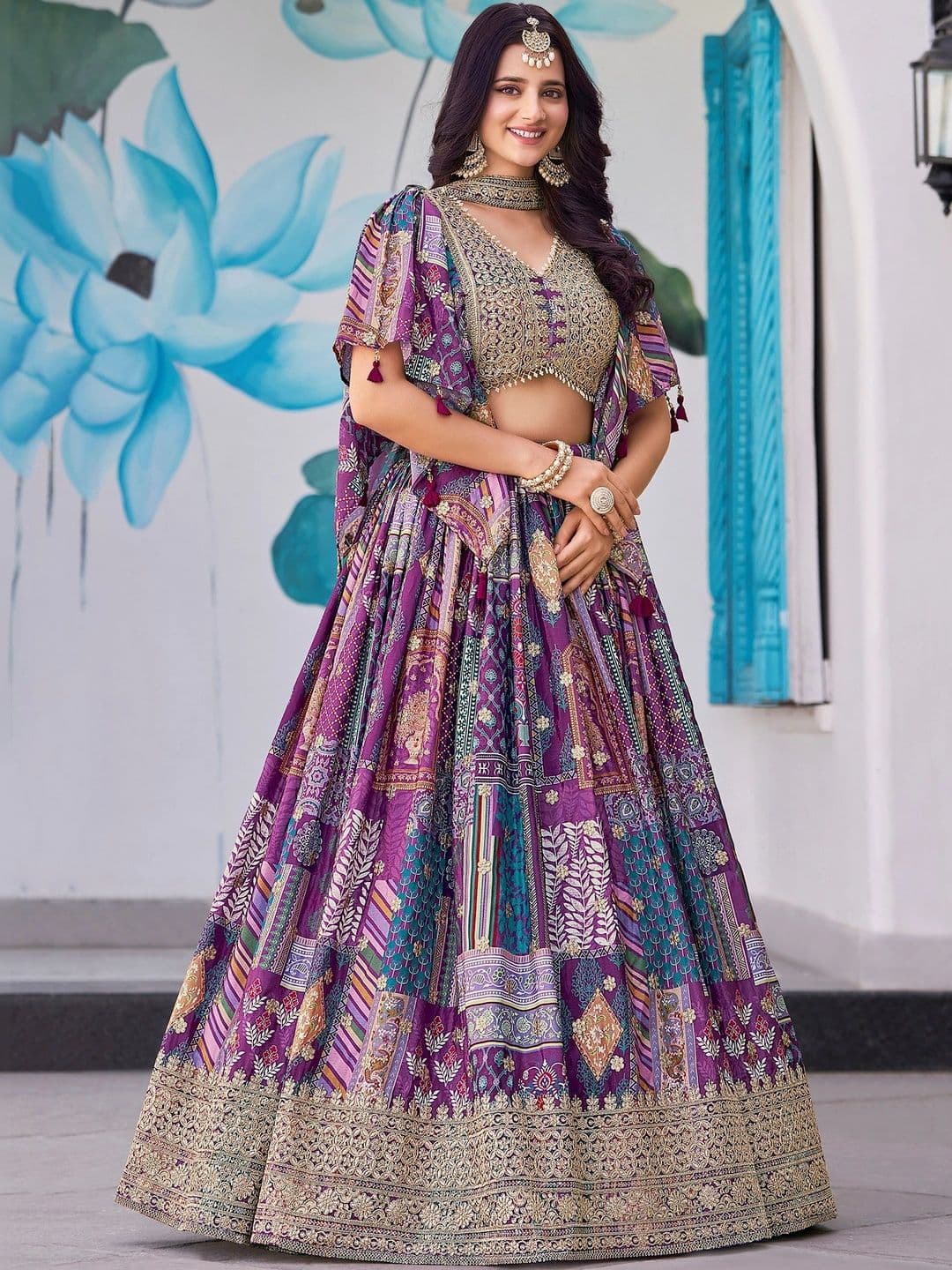 ETHNIC PLUS Embellished Thread Work Semi-Stitched Lehenga & Unstitched Blouse With Dupatta - view 1