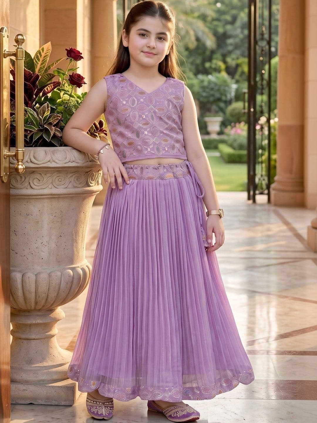 KALINI Girls Embroidered Thread Work Ready to Wear Lehenga & thumbnail 2