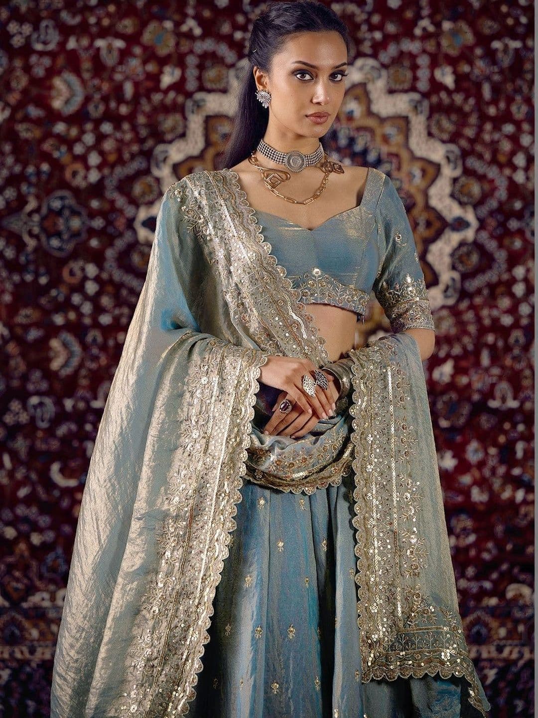JIHU CULTURE Embroidered Sequinned Semi-Stitched Lehenga & Unstitched Blouse With Dupatta thumbnail 3