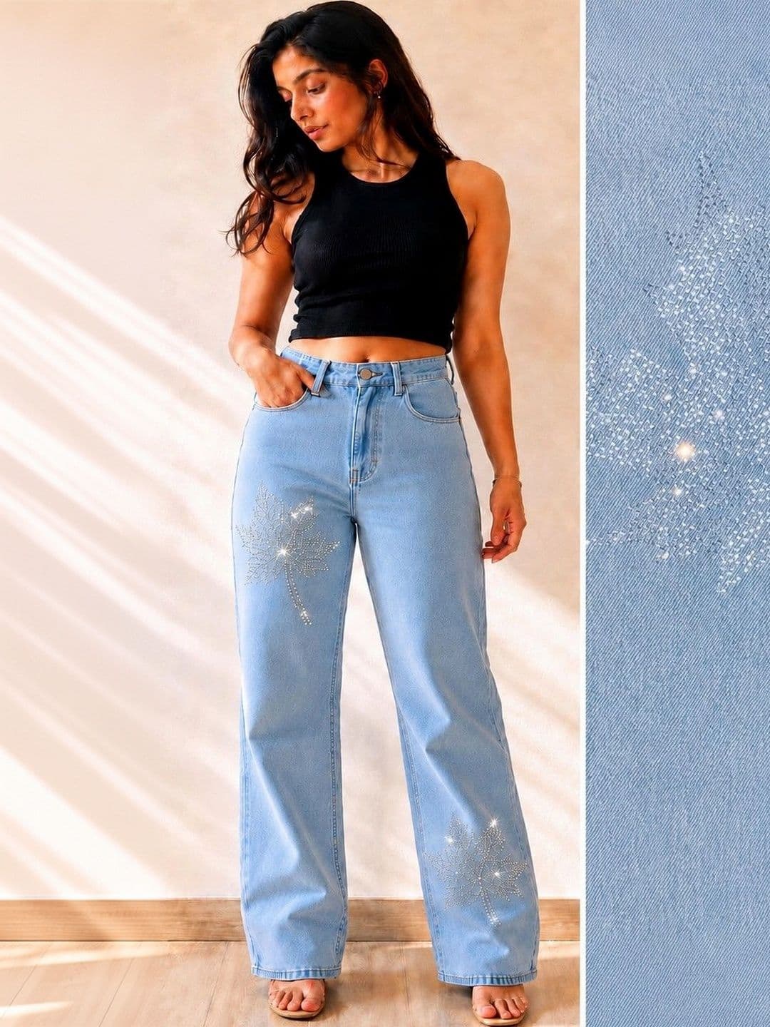 DS CREATIVE Women Wide Leg Mid-Rise Embellished Jeans thumbnail 2