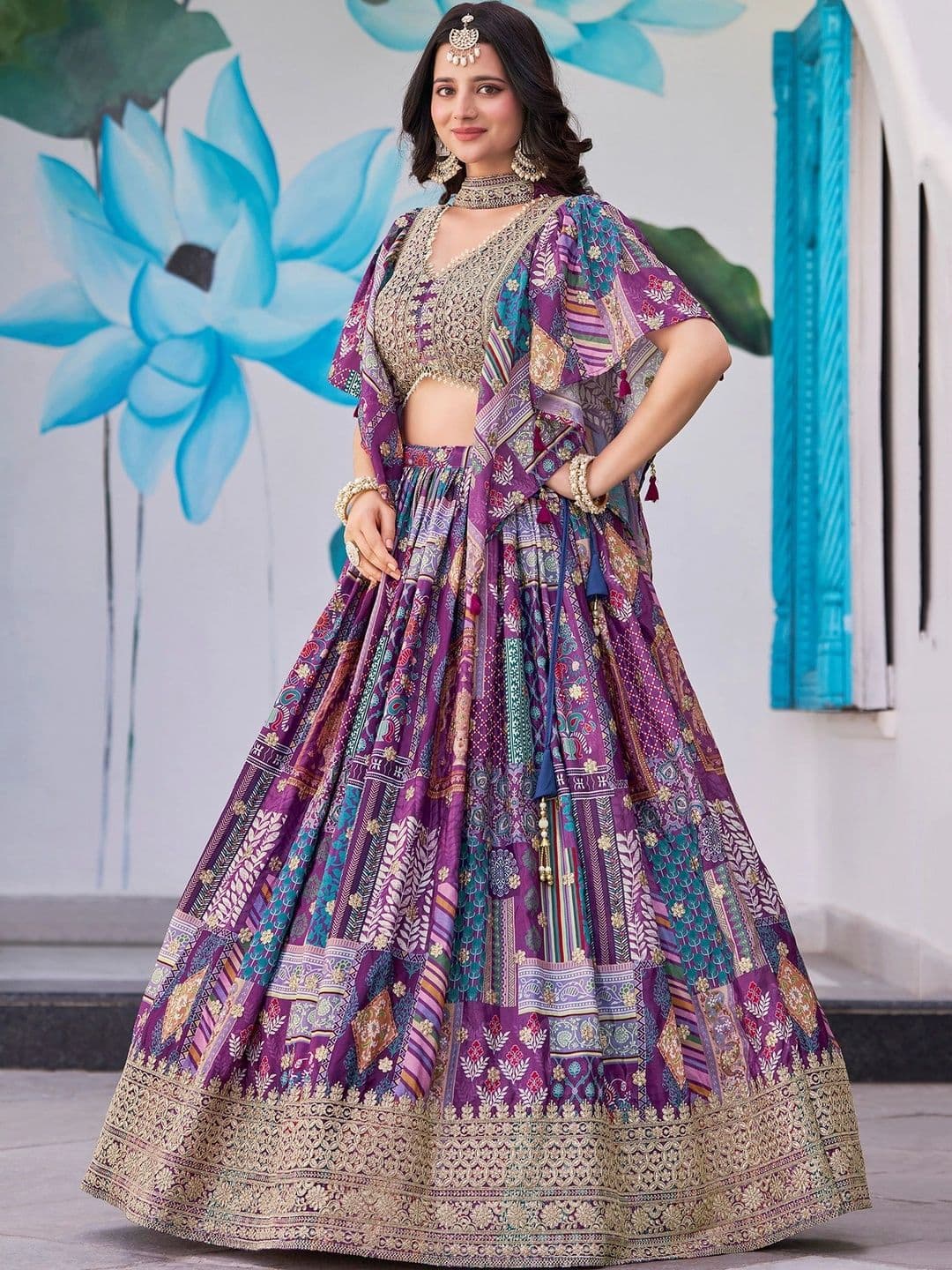 ETHNIC PLUS Embellished Thread Work Semi-Stitched Lehenga & Unstitched Blouse With Dupatta thumbnail 4